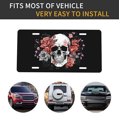 Miniatura 3 de Placa de matrícula decorativa de calavera de azúcar con diseño floral rosa, placa de aluminio novedosa para automóvil, 6 x 12 pulgadas
