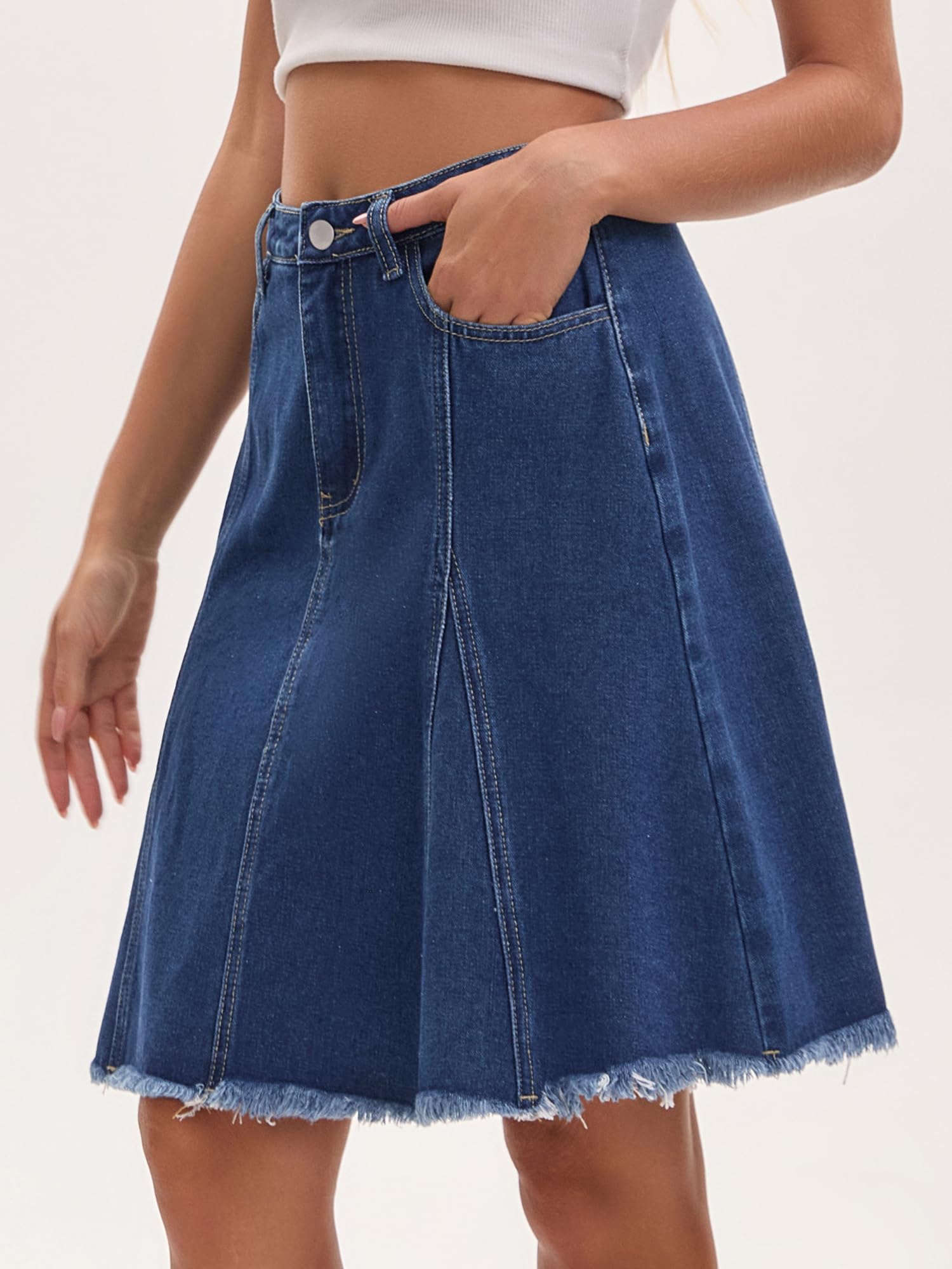 Falda Vaquera para Mujer Corte A Cintura Alta Acampanada Dobladillo sin Rematar con Bolsillos Estilo Informal