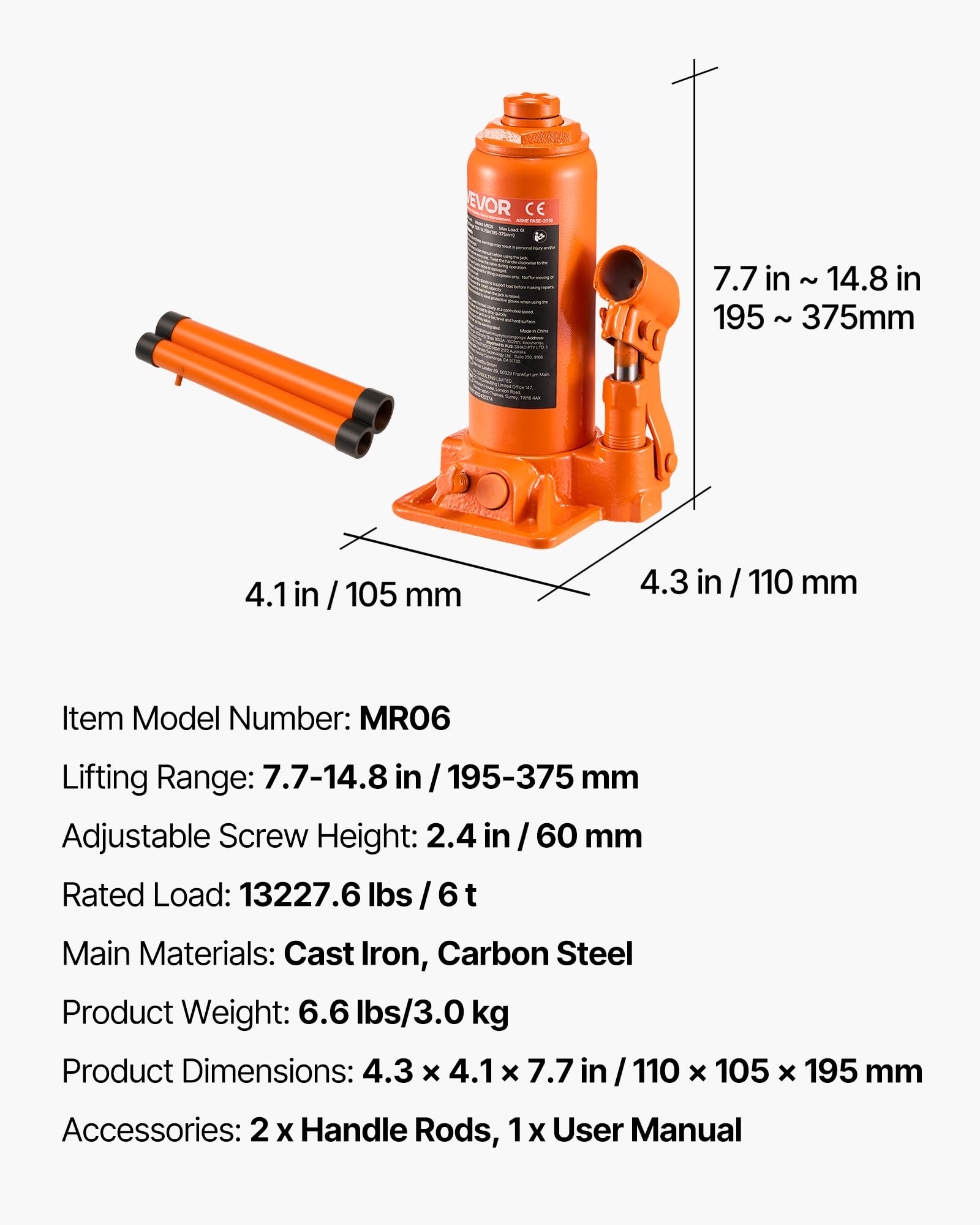 VEVOR Cric Bouteille Hydraulique Grande Capacité 6 T, Cric de Levage pour Voiture Plage de Levage 195-375 mm, pour Entretien Réparation Automobile et Équipement Agricole, Atelier Garage, Orange