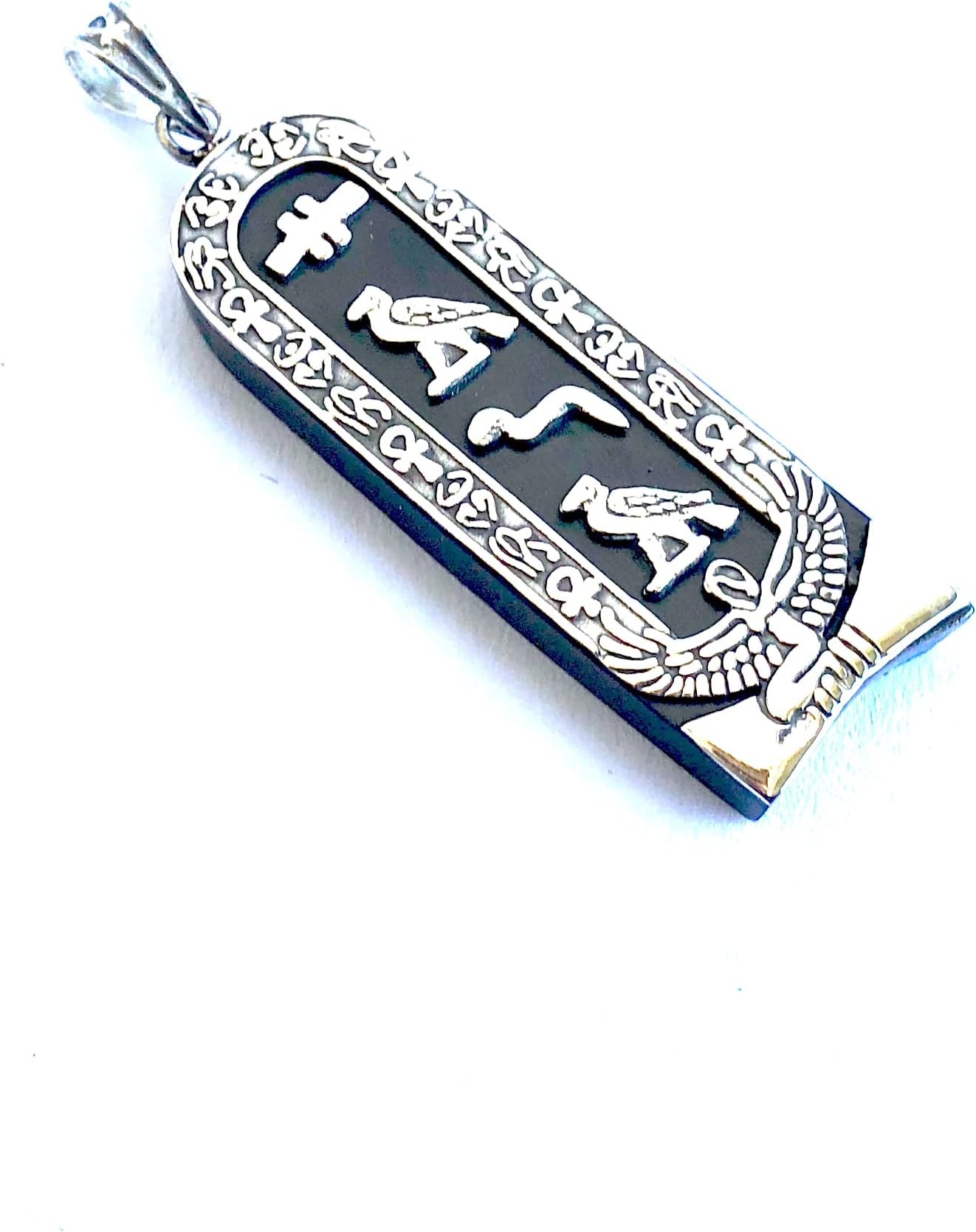 Egyptian Dark Ebony Winged Isis Sterling Silver Cartouche Charm Pendant In Hieroglyphics or Arabic Or English - Made By AYALZ - Up to (8 Characters)