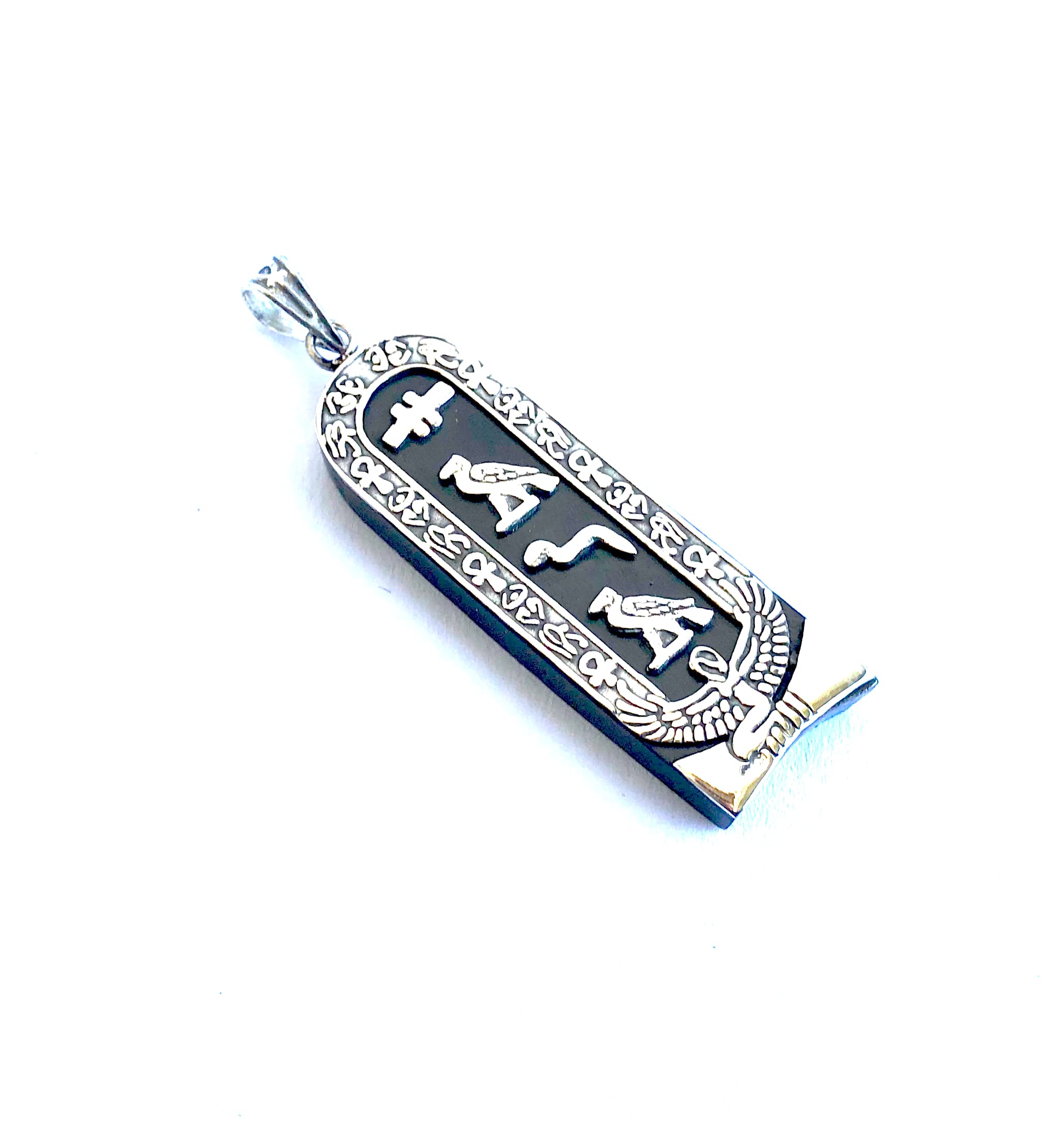 Egyptian Dark Ebony Winged Isis Sterling Silver Cartouche Charm Pendant In Hieroglyphics or Arabic Or English - Made By AYALZ - Up to (8 Characters)