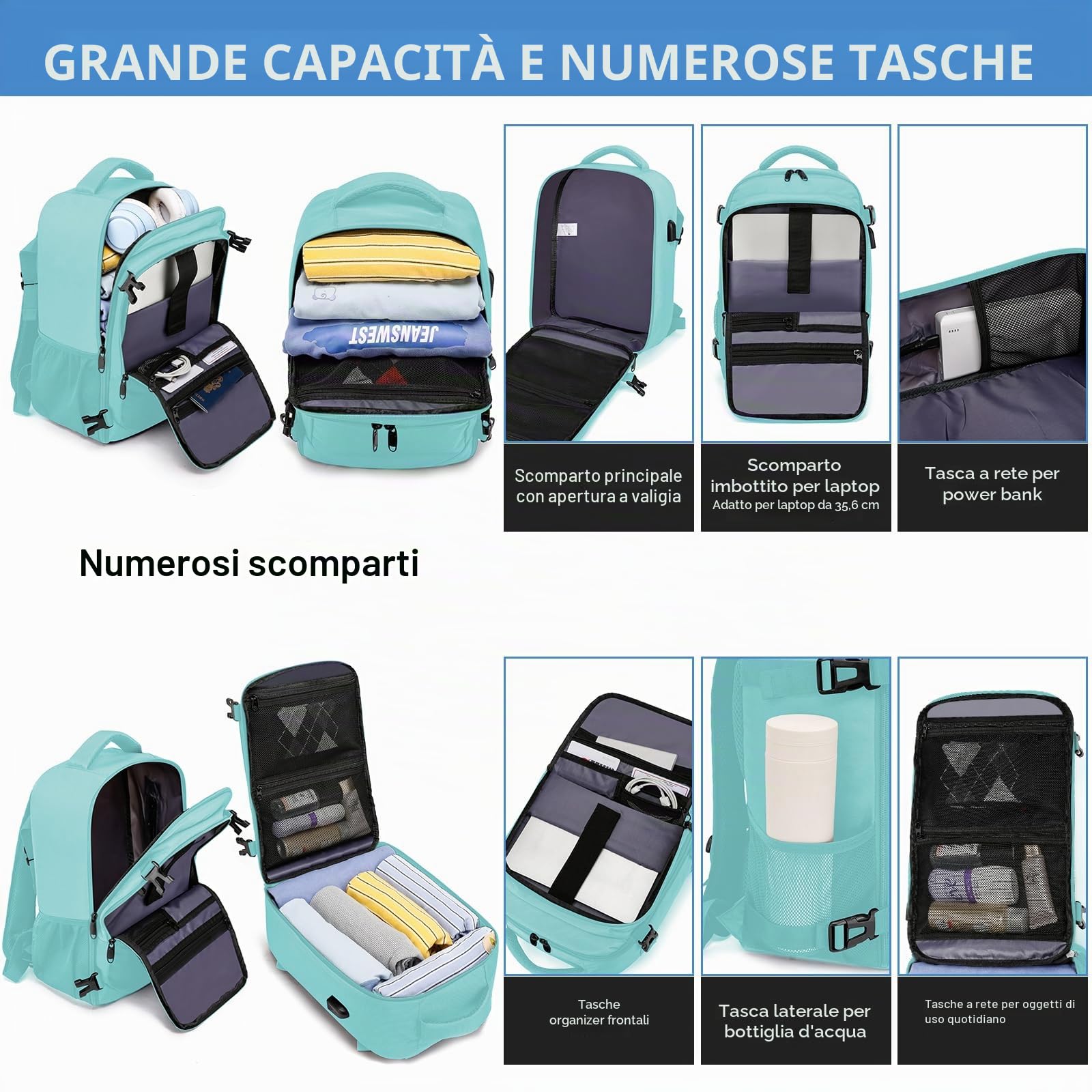 EZUOLA Zaino da Viaggio Aereo 20L Bagaglio a Mano Ryanair 40x20x25 Borsa da Cabina Porta PC USB Verde
