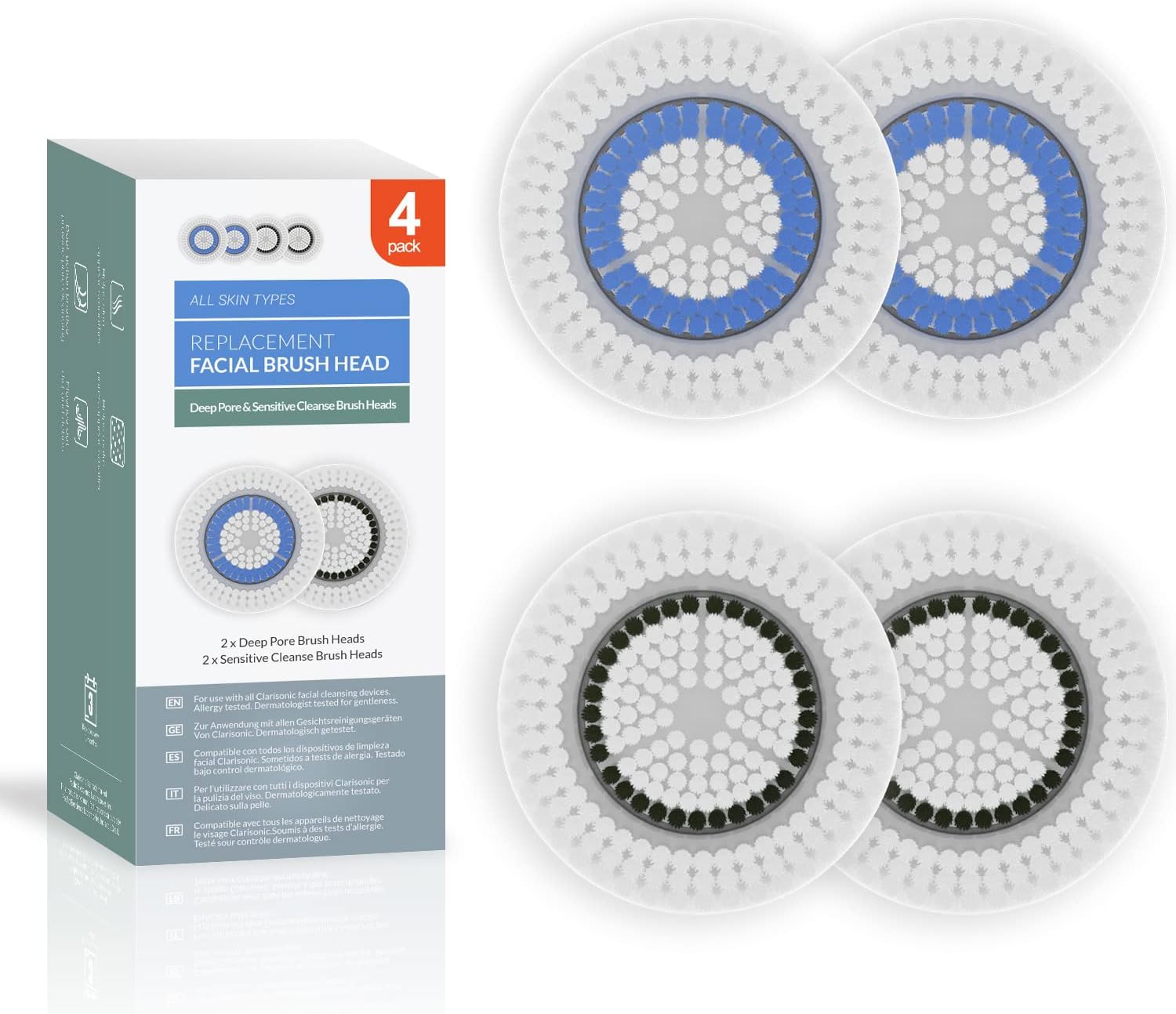 Brushmo Brush Head Replacements Compatible with Clarisonic Mia 1, Mia 2, Mia Fit, Alpha Fit, Smart Profile Uplift, 4 Pack of Deep Pore and Sensitive