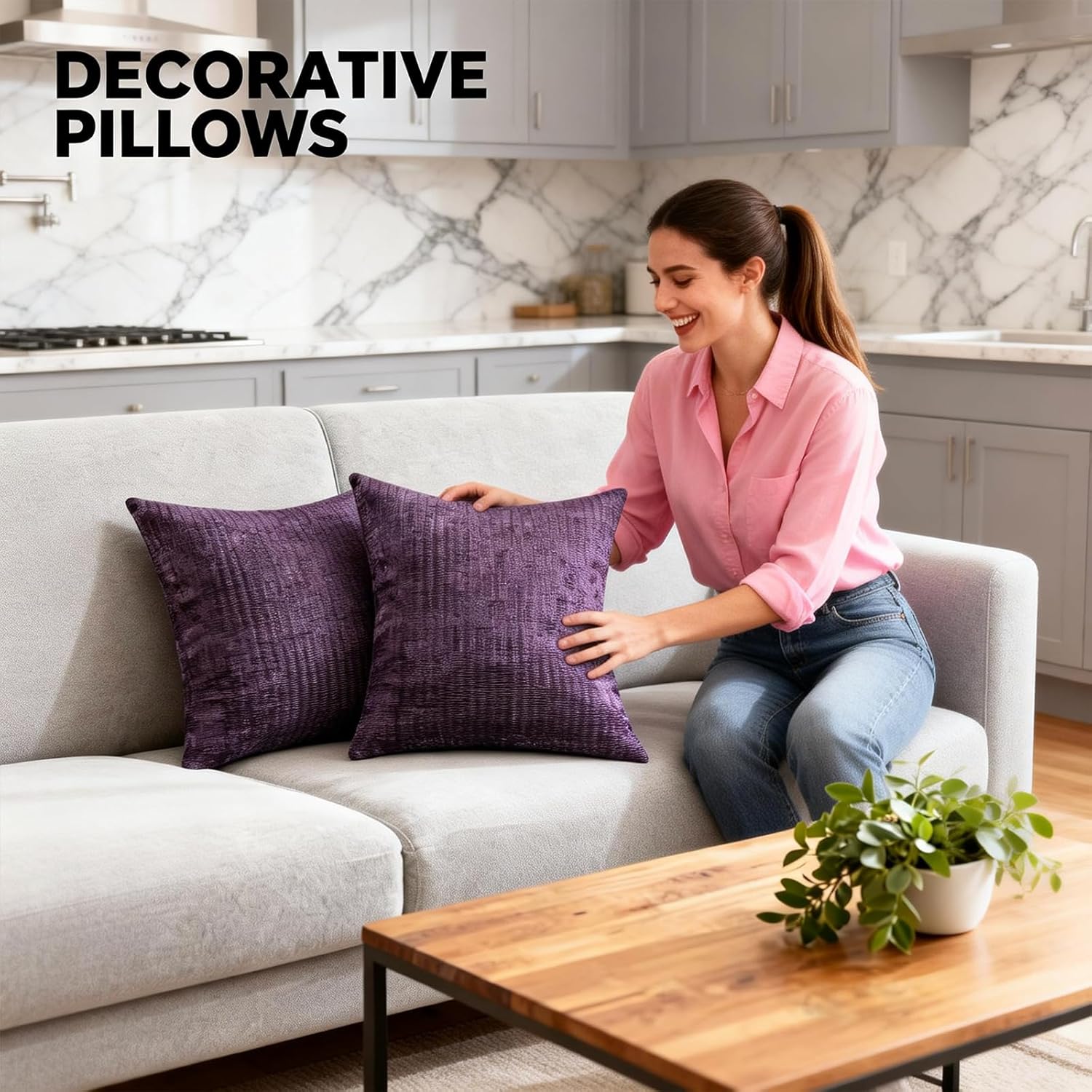 Throw Pillows with Inserts Included, 18x18 Couch Pillows,Throw Pillows for Couch,Cotton-Linen Blend,2 Pack,Anemone Purple