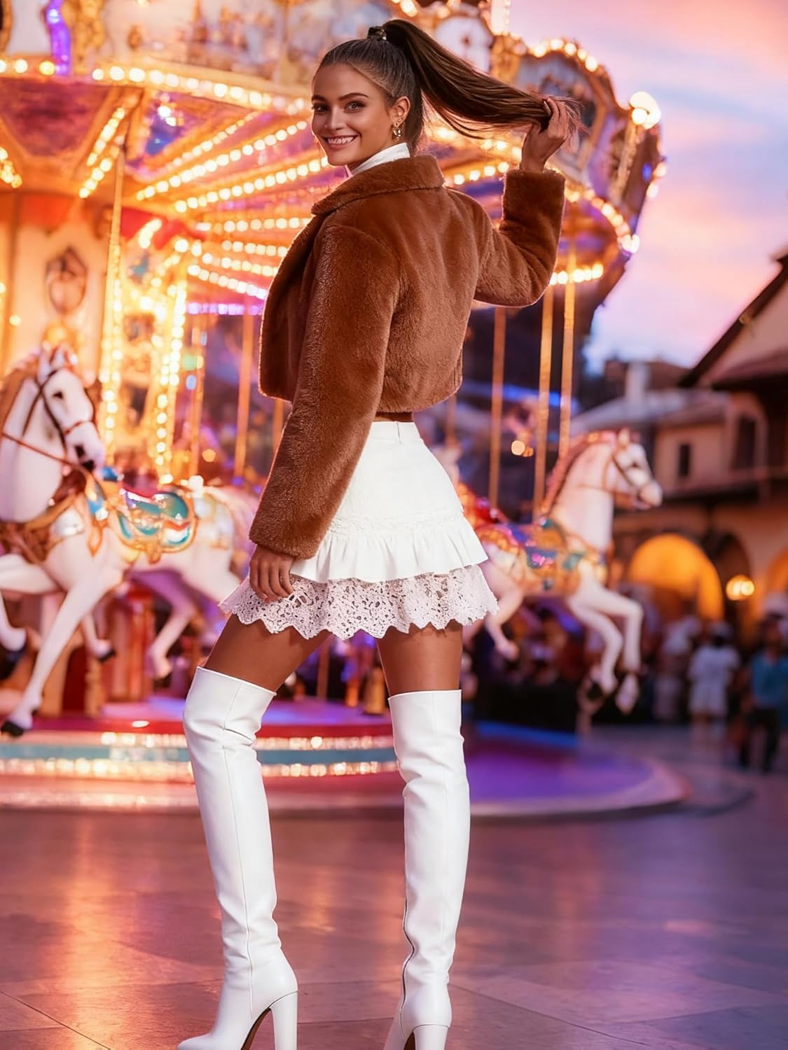 Nihsatin Womens Solid Cropped Long Sleeve Shaggy Jacket Lapel Faux Fur Coat Outwear Warm Winter - Image 2