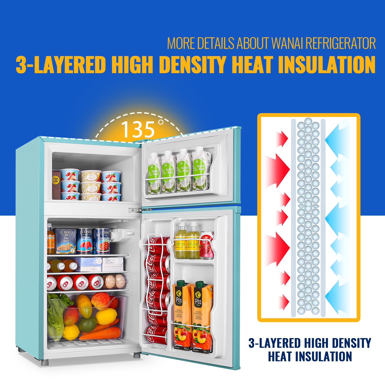 WANAI 3.5 Cu.Ft Mini Fridge With Freezer Compact Refrigerator With Freezer,7 Level Adjustable Thermostat Removable Shelves Small Refrigerator For Office Dorm Apartment Blue on Fridge.com - View 4