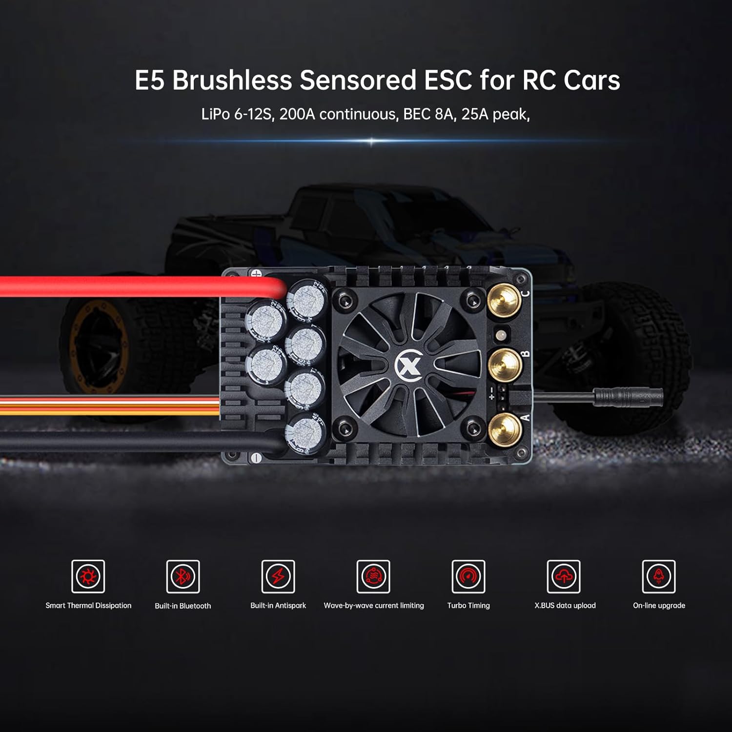 XC E5 Sensored Brushless ESC for RC Car, 6-12S Lipo,200A Continuous Current,8-25A、6.0/7.4/8.4V BEC,Applicable to 1/5、1/6,Support Turbo Timing and APP Control - Image 3