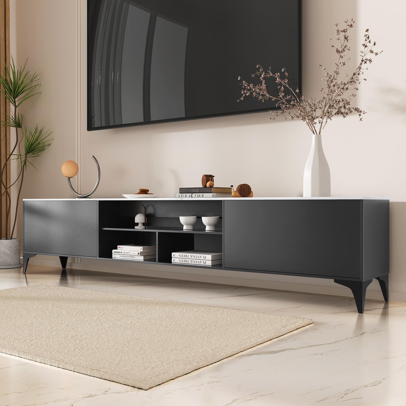 TV-Ständer, moderner TV-Ständer mit Stauraum für 60-75 Zoll Fernseher, Entertainment Center mit 2 Schubladen und offenen Regalen, TV-Konsole für Wohnzimmer, Schlafzimmer, Media-Einheit mit