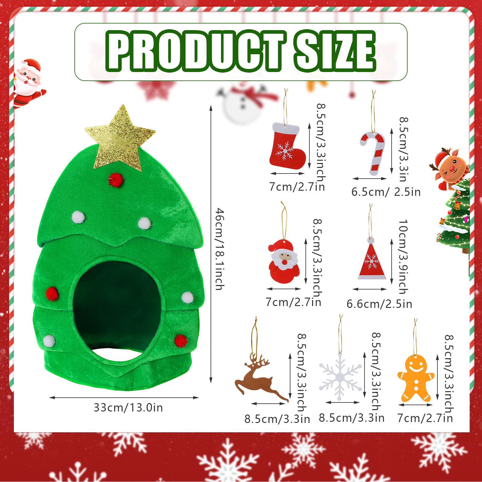 Christmas Tree Hat with 7PCS Felt Christmas Tree Ornaments Set, Funny Christmas Hats Christmas Party Hats - Image 3
