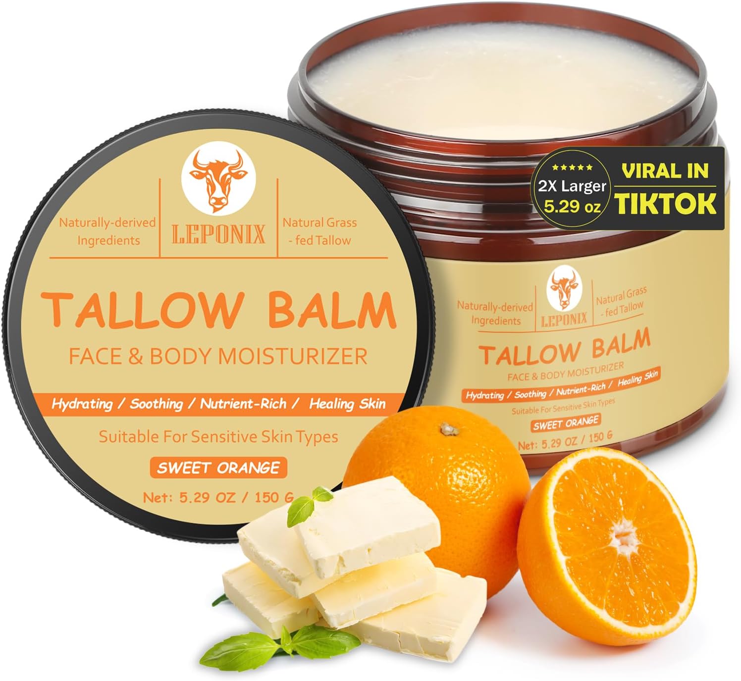 Beef Tallow Skincare (5.29oz Larger Size) – 100% Grass-Fed Tallow Face Cream for Deep Hydration and Soothing – Beef Tallow for Skin – Whipped Beef Tallow Balm – Tallow Moisturizer for Men, Women (Sweet Orange)