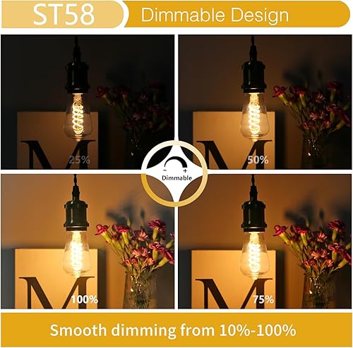 Miniatura 5 de Paquete de 4 bombillas LED Edison ST19 (ST58), color blanco cálido, 2700 K, regulables 600 lúmenes, CRI 80+, 6 W equivalente a 60 W, base E26 de