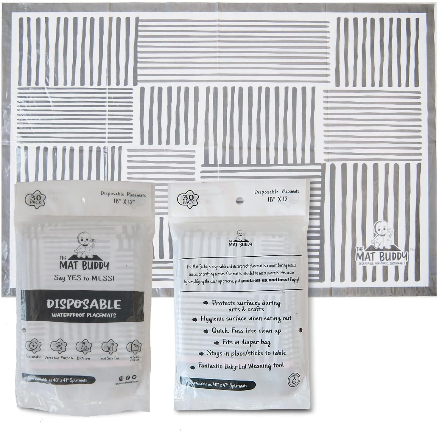 Disposable Splat Mats for Under High Chair with 4-Sided Adhesive, 30 Count - 100% Waterproof, Non-Toxic - Baby Led Weaning Supplies, High Chair Mat for Floor, 40”x47”