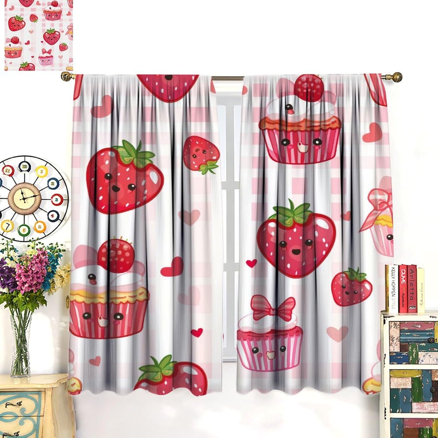 Cute Shortcake Blackout Curtains for Bedroom Living Room, Rod Pocket Strawberry Heart Gingham Curtains Thermal Insulated Window Drapes 2 Panels, Each 21W x 45L