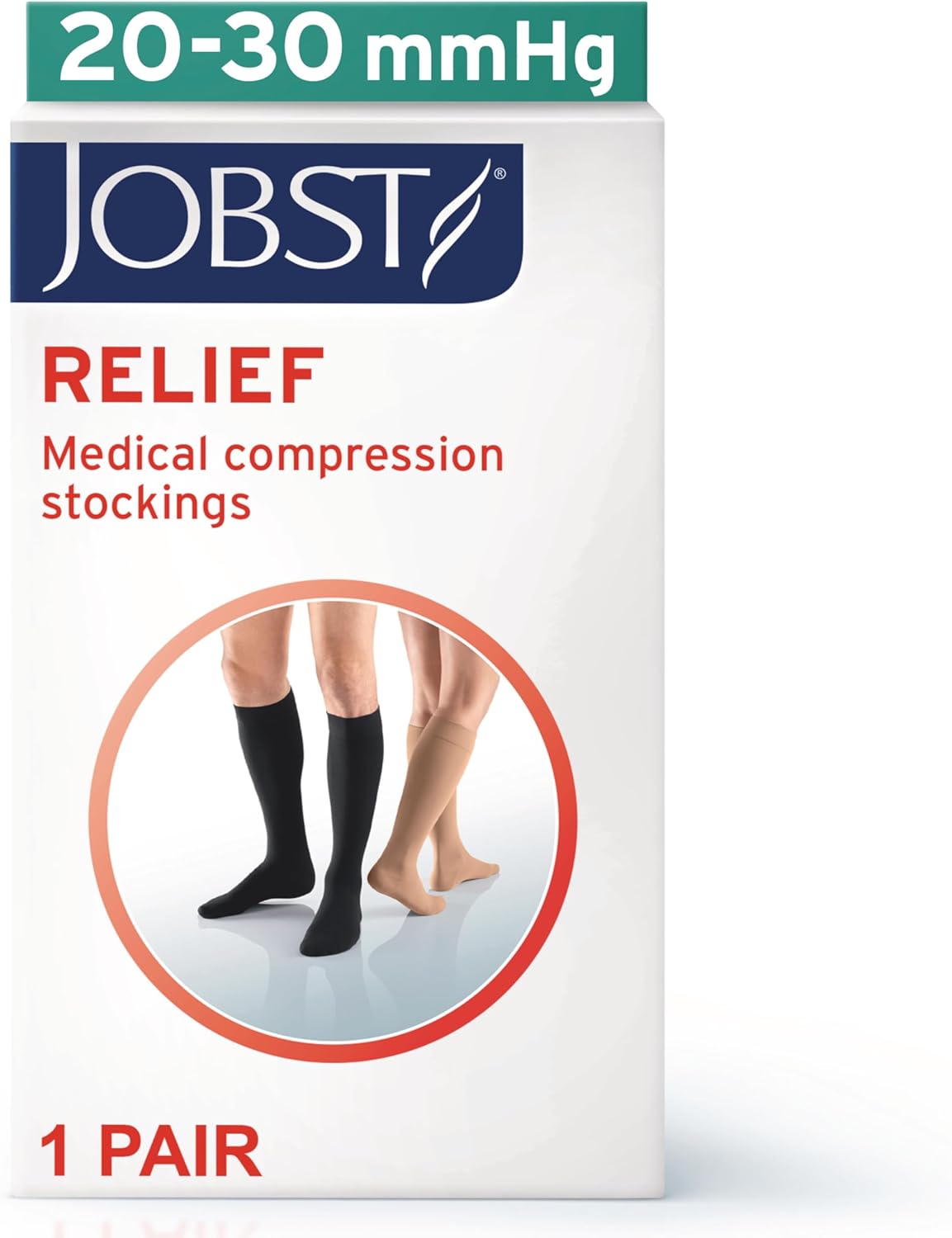 JOBST Relief Knee High Graduated Compression Socks 20-30mmHg - Comfortable Unisex Design - Closed Toe, Black, Large Full Calf