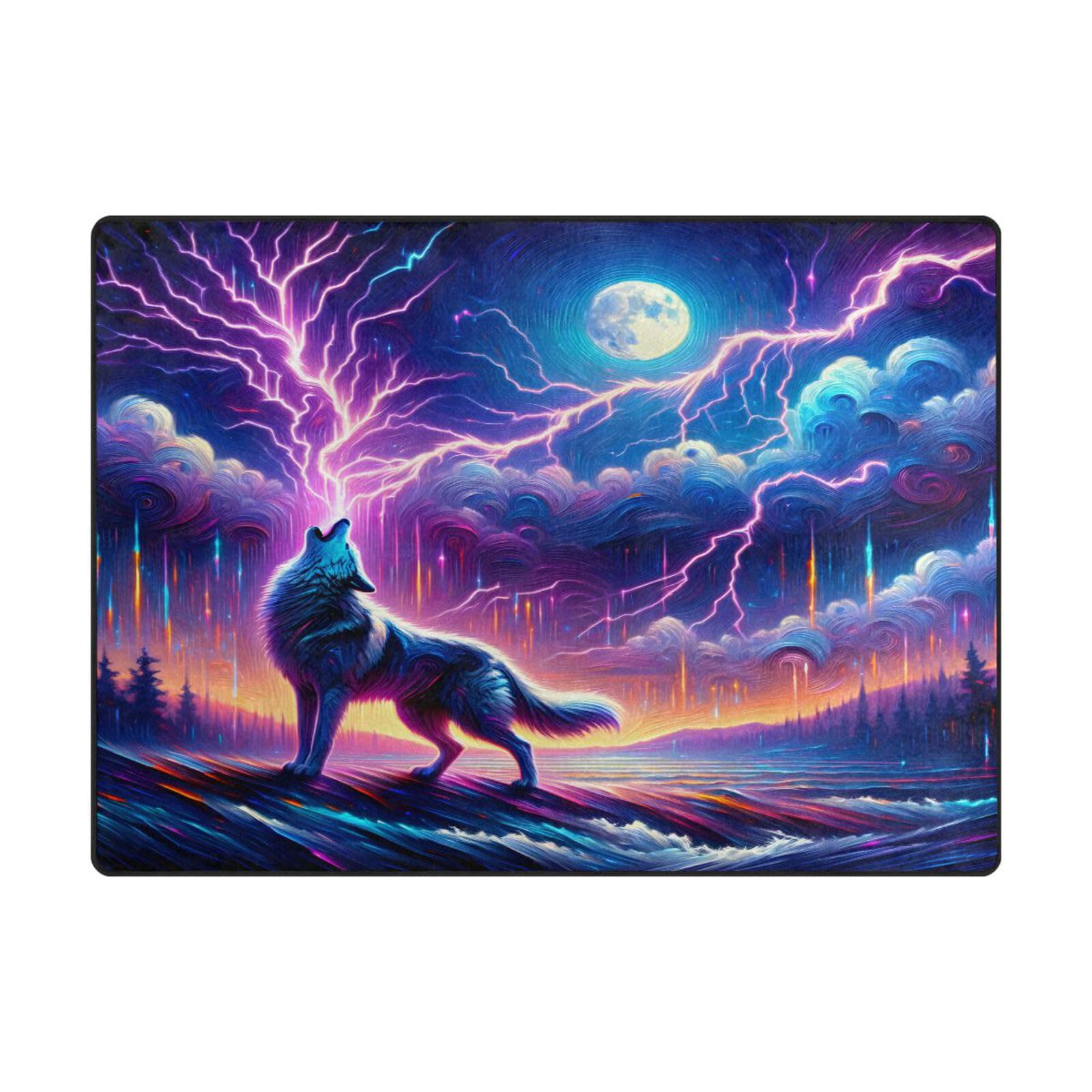 Tapis doux grand format pour salon, motif loup et lune contre les sols froids