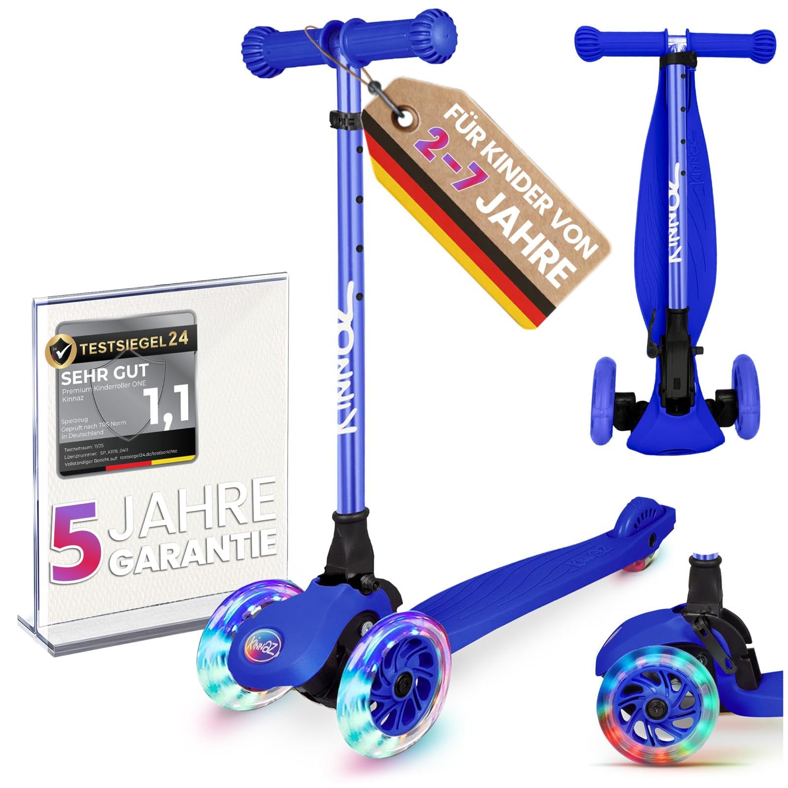 Kinderroller kinnaz ONE, LED Räder, Faltbar, Mitwachsend, 2-7 Jahre, Focus Empfehlung, Roller Kinder 2 Jahre, ab 3 Jahre, Tretroller, kein Wegwerfprodukt, über 100000 verkauft, aus Hamburg
