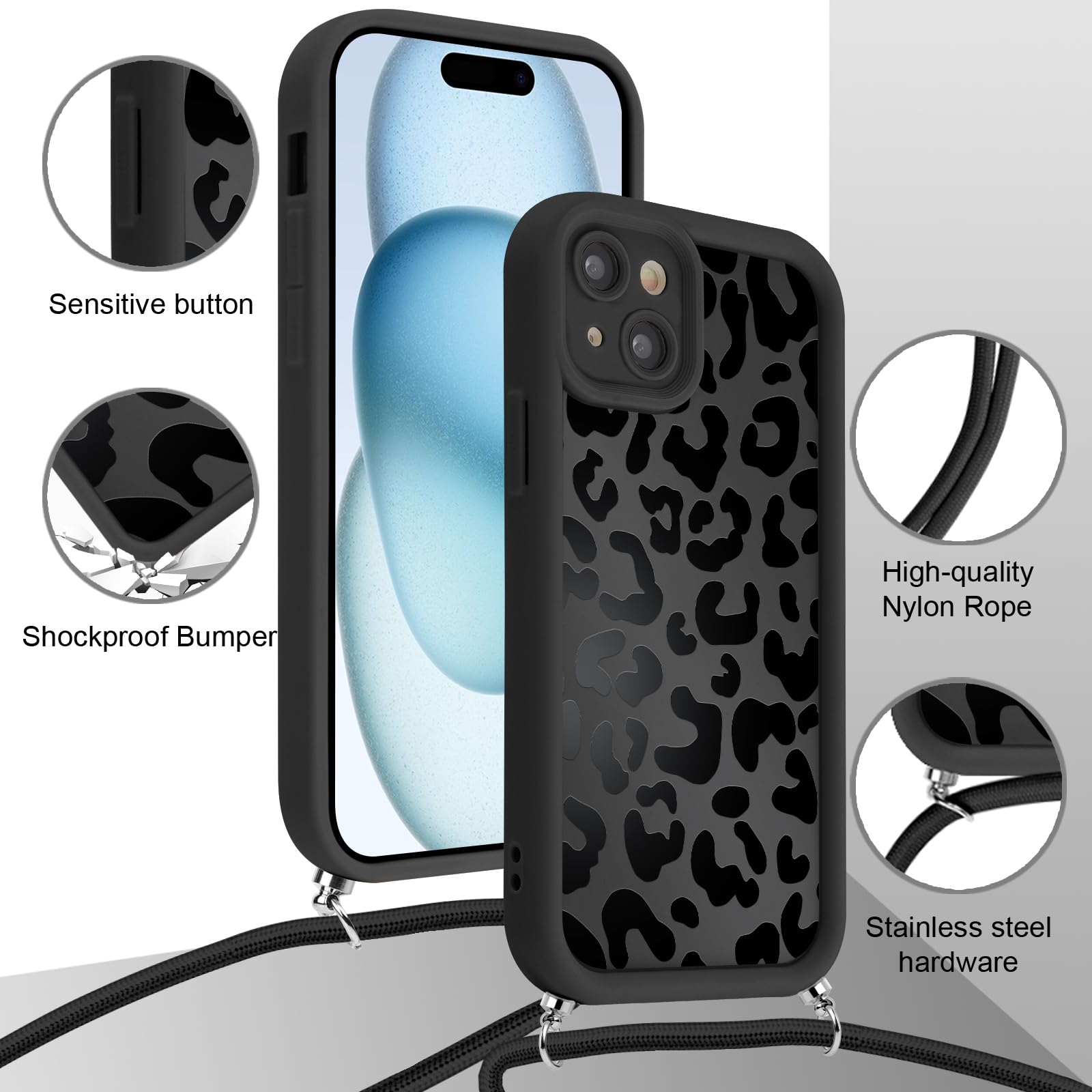 Xylota IPhone 16 Pro Max Hülle Mit Band - Leopardenmuster Umhängehülle Mit Verstellbarer Kordel