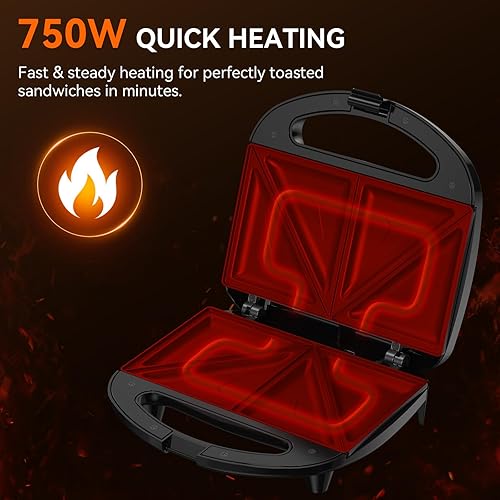 Miniatura 3 de Snailar ABS07 Sandwichera con platos triangulares, 2 rebanadas antiadherentes para quesos a la parrilla, luces indicadoras, mango de tacto frío,