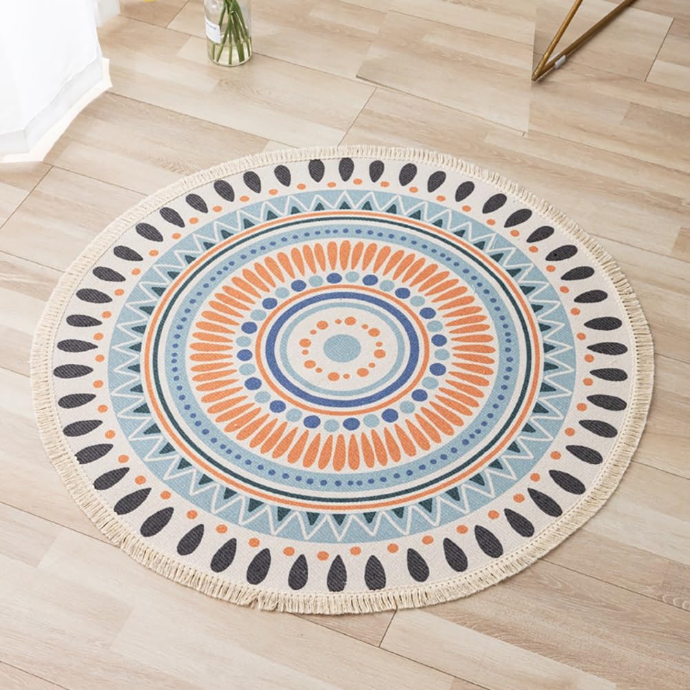 AVCULT Okrągły bawełniany dywan z frędzlami boho mandala tkany bawełniany dywanik zmywalny dywanik do salonu sypialni jadalni (kolor: J, rozmiar: 120 cm)