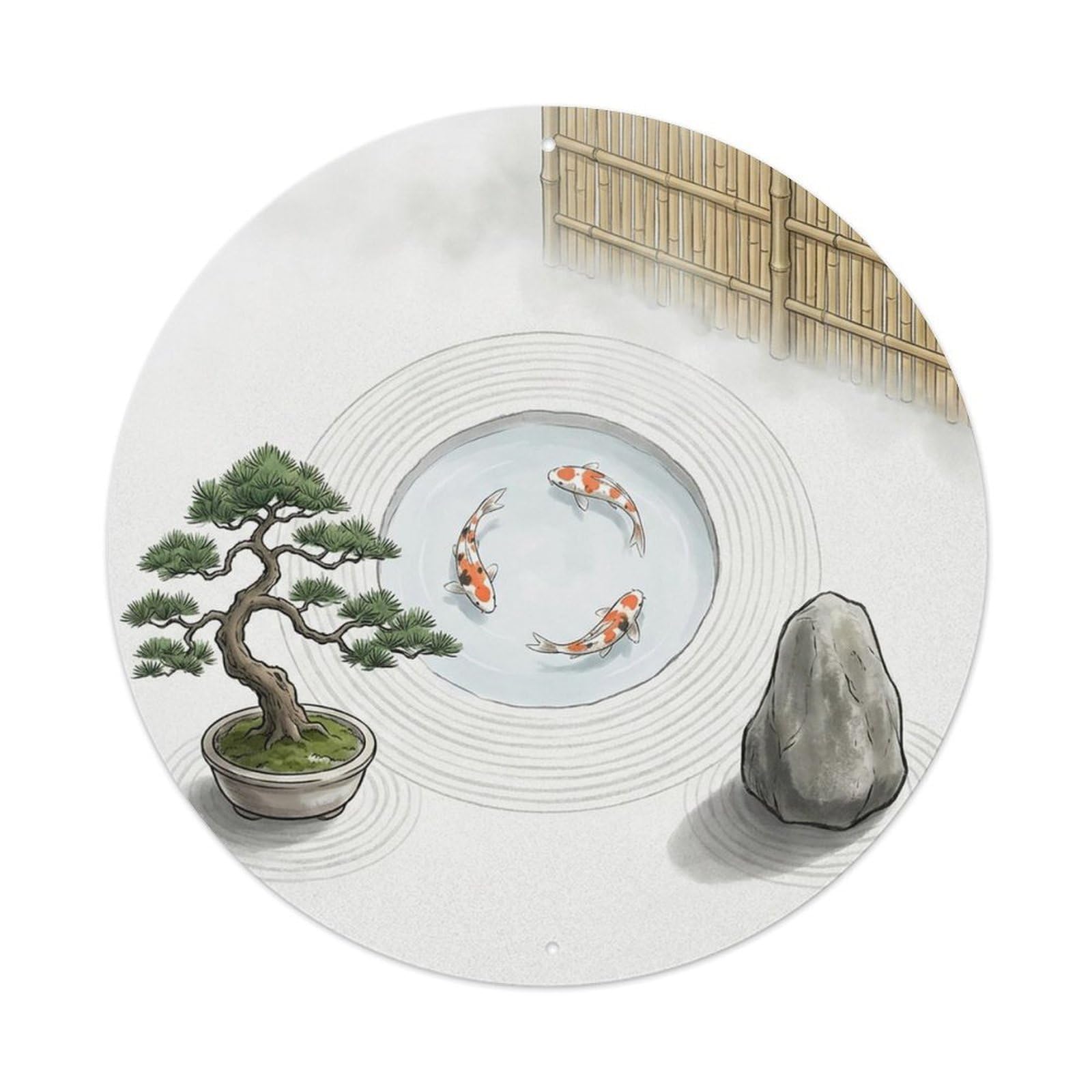 Olyhtr 8X8inch Classic Style Zen Koi Garden Pond Water Circle Enso Meditation Mist Metal Tin Sign