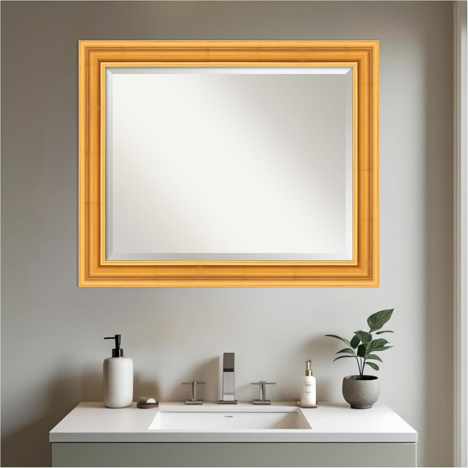 Amanti Art Gold Bathroom Mirror for Over Sink, 28x34 Sierra Gold Rectangle Vanity Mirror, Large Modern Wood Frame, Hangs Horizonally and Vertically, Bathroom Wall Decor, Beveled Edge