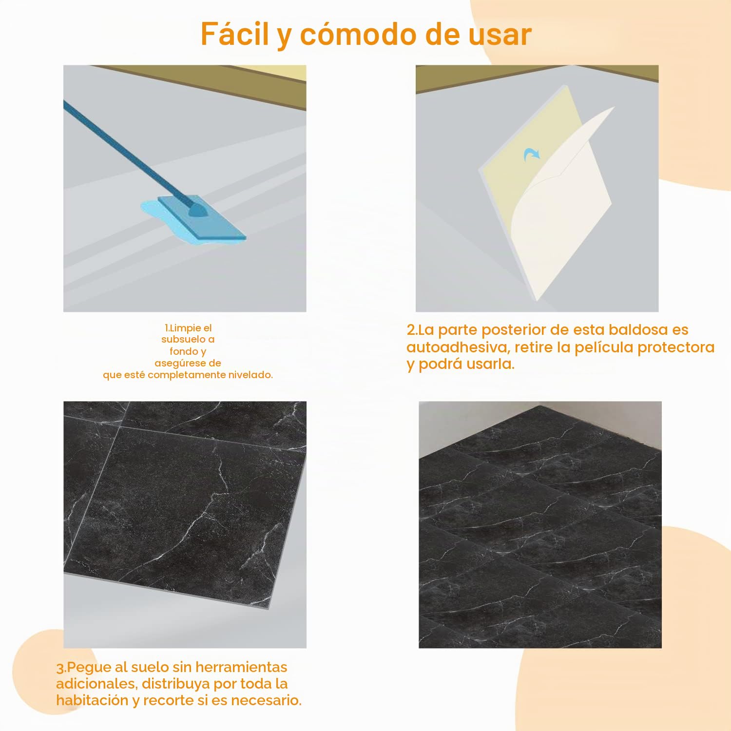 Suelo de PVC Autoadhesivo 30cm x 30cm, 2 m² / 22 baldosas Suelo de vinilo impermeable Autoadhesivo Antideslizante con aspecto de baldosa recortable - Mármol Negro