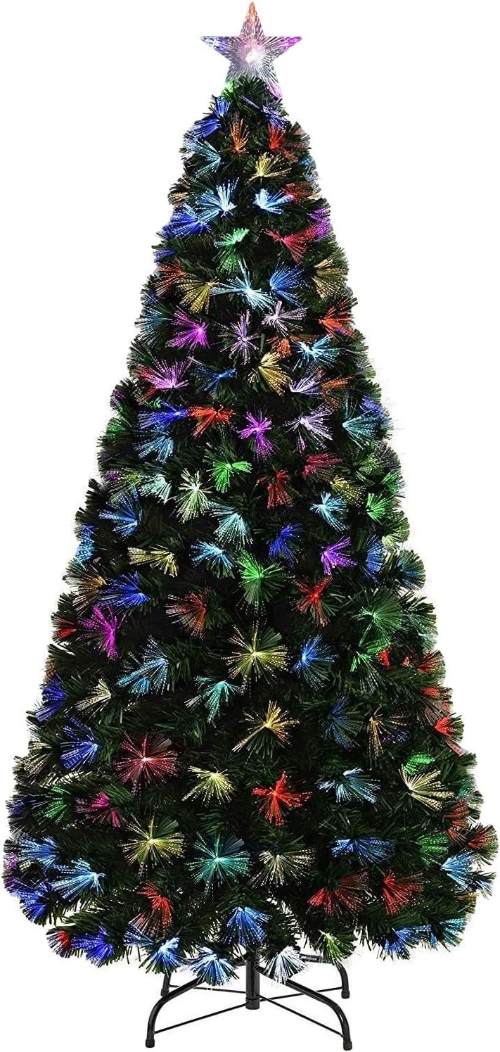 5Ft/150cm Fibre Optic Christmas Tree with Star Topper - Firework Flower Light Effect - Pre-Lit Green Artificial Xmas Tree - Multicolor Changing Lights