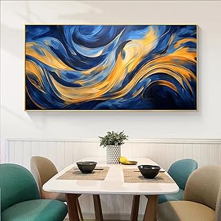 Arte de pared para dormitorio, decoración de pared dorada, imágenes abstractas para sala de estar, pinturas azules, lienzo grande, obra de arte para decoración de oficina (35 x 75 cm), 14 x 30