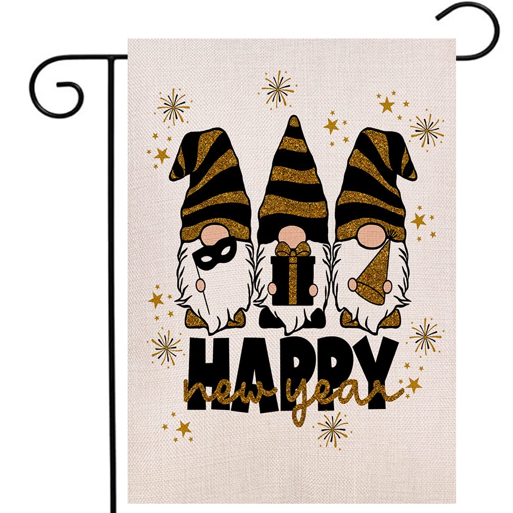 Ogiselestyle Happy New Year Gnomes Garden Flag Vertical Double Sized,Winter Celebration Party Holiday Yard Outdoor Decoration 12.5 x 18 Inch