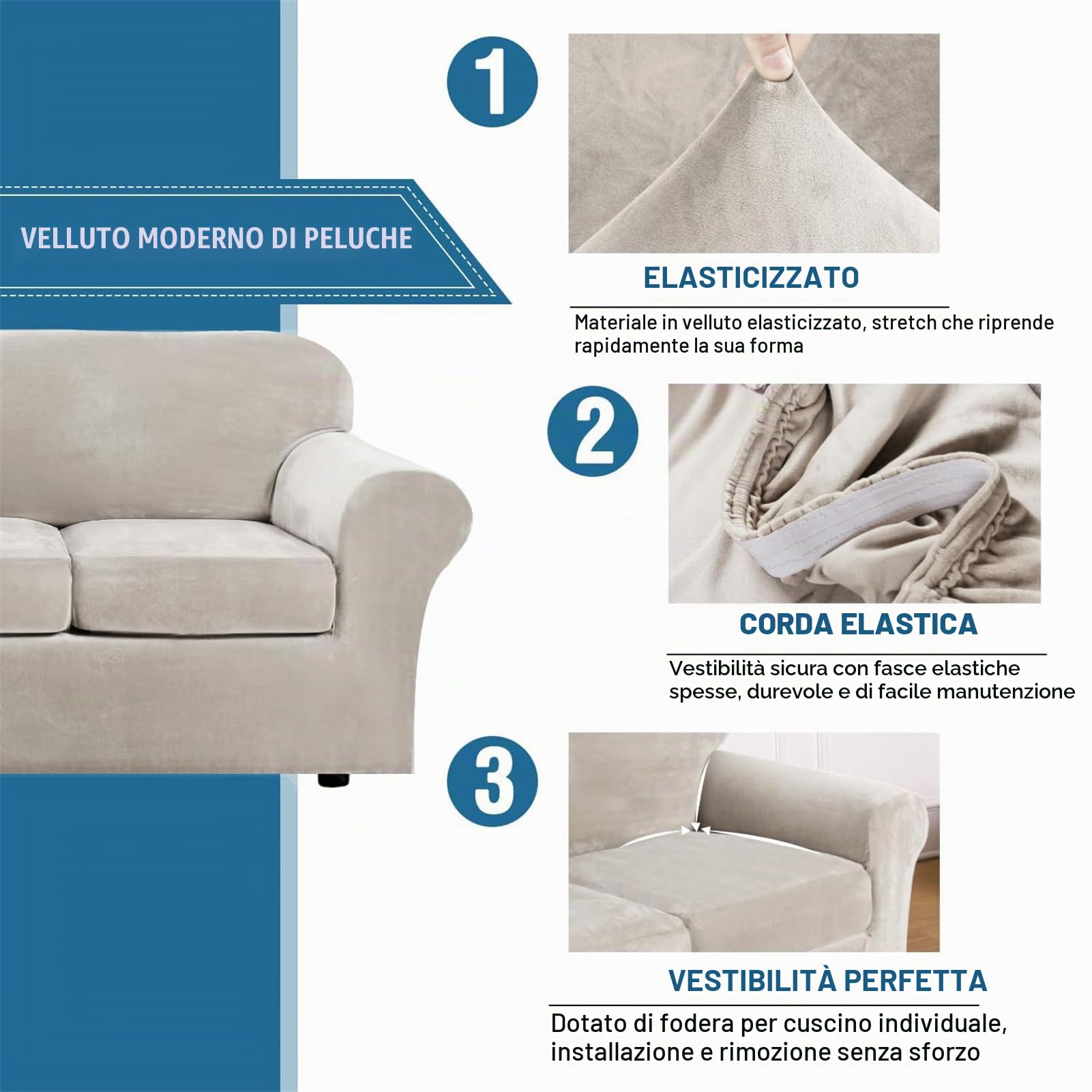 Copridivano in Velluto con Cuscini Separati - Coperture Elastiche Ultra Morbide, Protezione Anti Graffio per Animali e Bambini, Fodere Eleganti per Divani (Porridge,3 Posti)