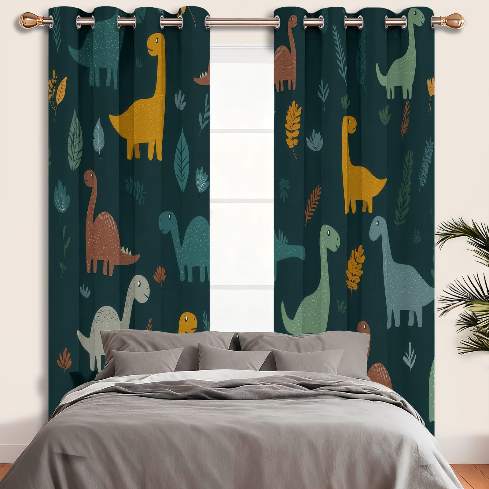 Générique Rideaux Occultant Isolant Thermique Anti Froid, Lot De 2 Rideaux 140L X 180H cm Protection UV Rideau Cyan Foncé Dessin Animé Enfantin Animaux Dinosaures pour Salon et Chambre