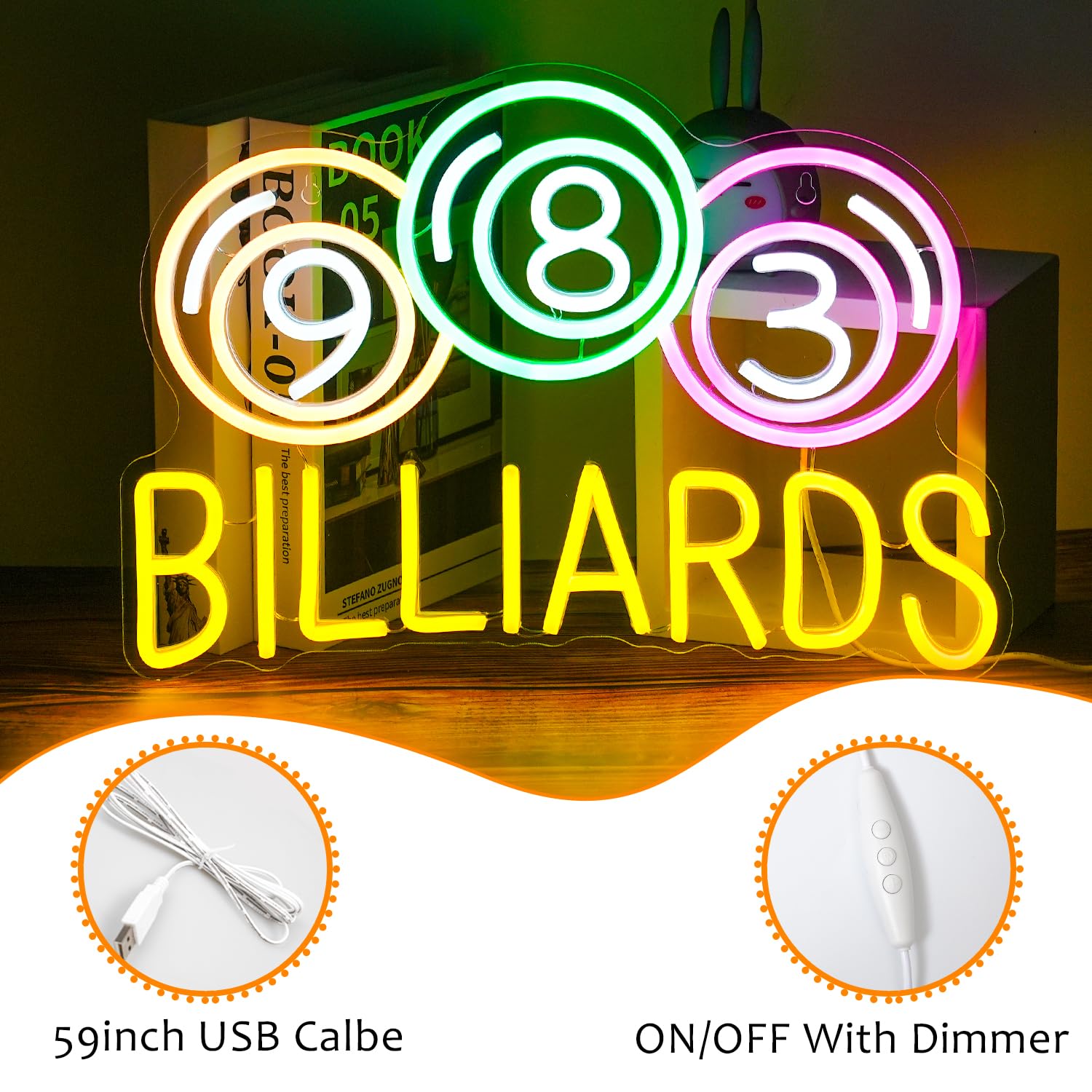 ビリヤード ネオンサイン LED カラフルなネオンライト 壁装飾 調光機能付き USBネオンライト ビリヤードルーム ゲーム パーテ