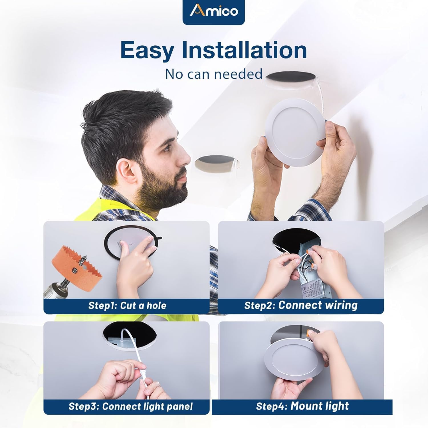 Amico 4 Pack 8 Inch 5CCT Ultra-Thin LED Recessed Ceiling Light with Junction Box, 2700K/3000K/3500K/4000K/5000K Selectable, 18W Eqv 125W 1600LM Brightness Dimmable Canless Wafer Downlight, ETL