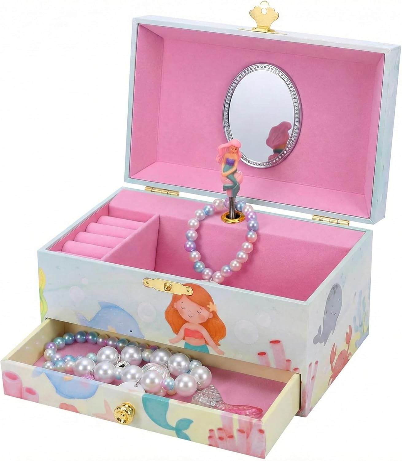 The Memory Building Co Mermaid Musical Jewelry Box Plays Classic Melody, Storage Organizer Music Box for Kids Ages 6-12, MDF Wood w/ 2 Fabric Lined Ring Bracelet Necklace Treasure Compartments