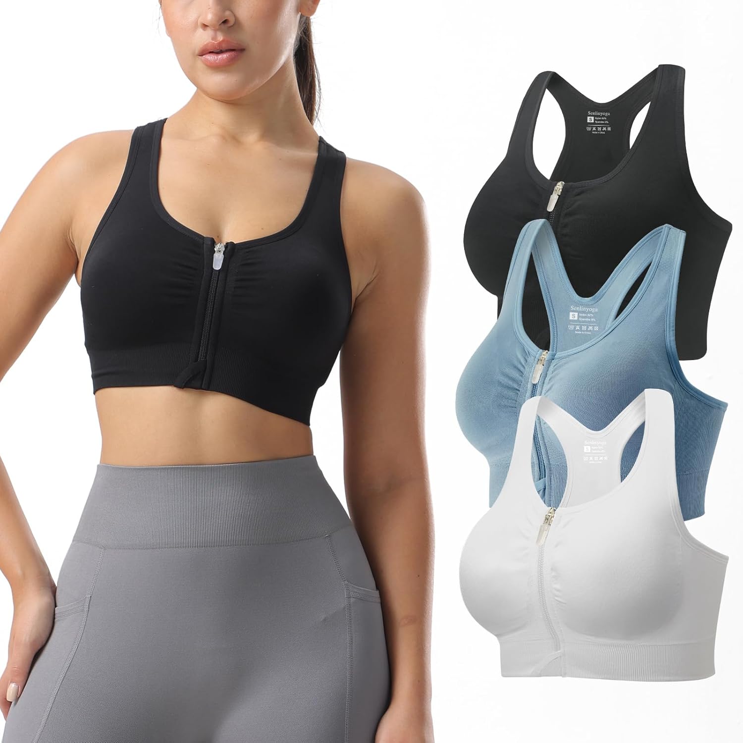 Zip Front Sports Bras for Women-Raceback Medium Support Padded Bra for Workout Yoga Gym Running