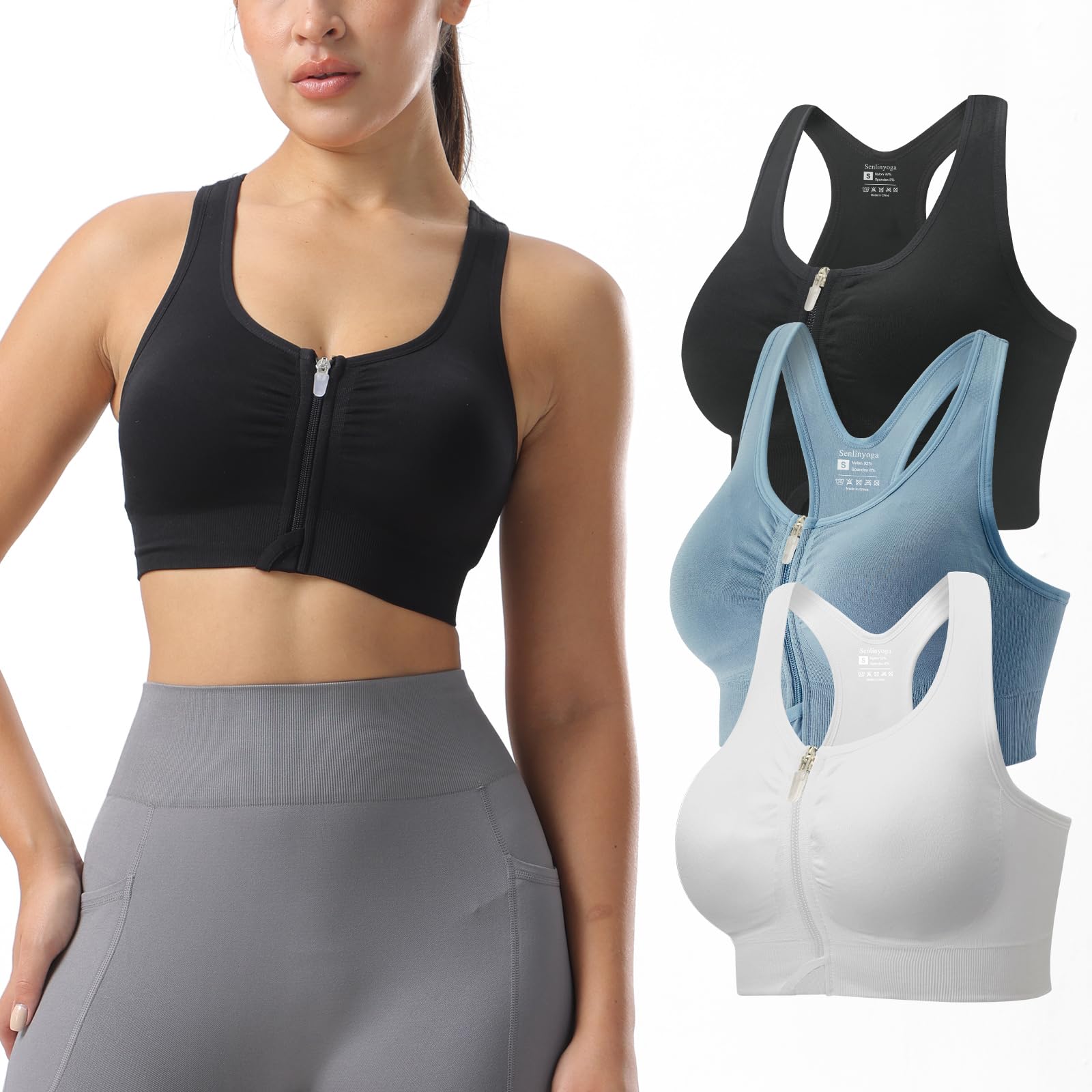 Zip Front Sports Bra for Women - Raceback Medium Support