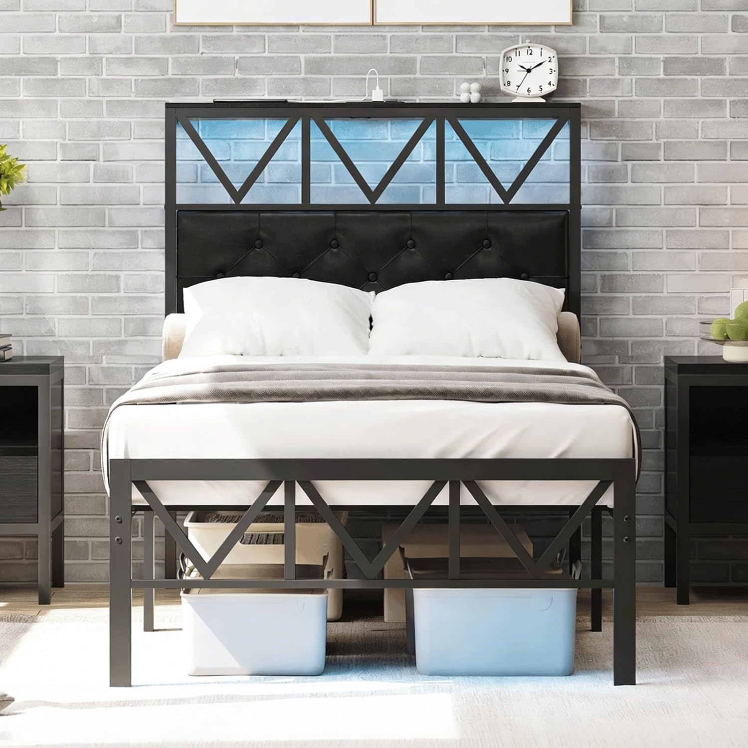 Twin Size Bed Frame with LED Light and Charging Station, Black Upholstered Headboard with Shelf, Under Bed Storage, No Box Spring Needed, Noise Free, Easy Assembly, Black