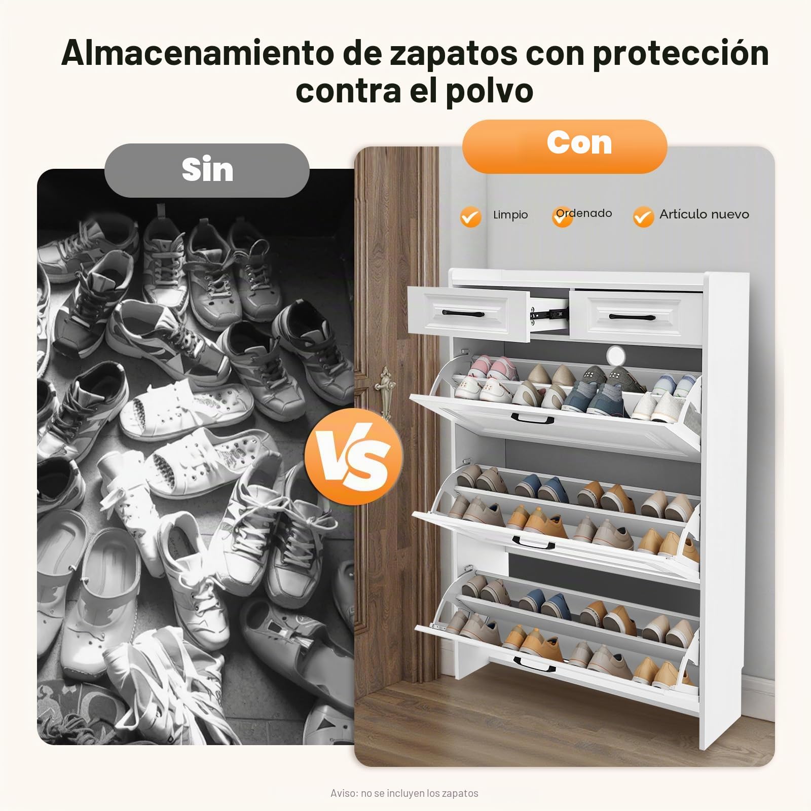 Zapatero organizador con 2 solapas, 80 x 24 x 120 cm, color blanco