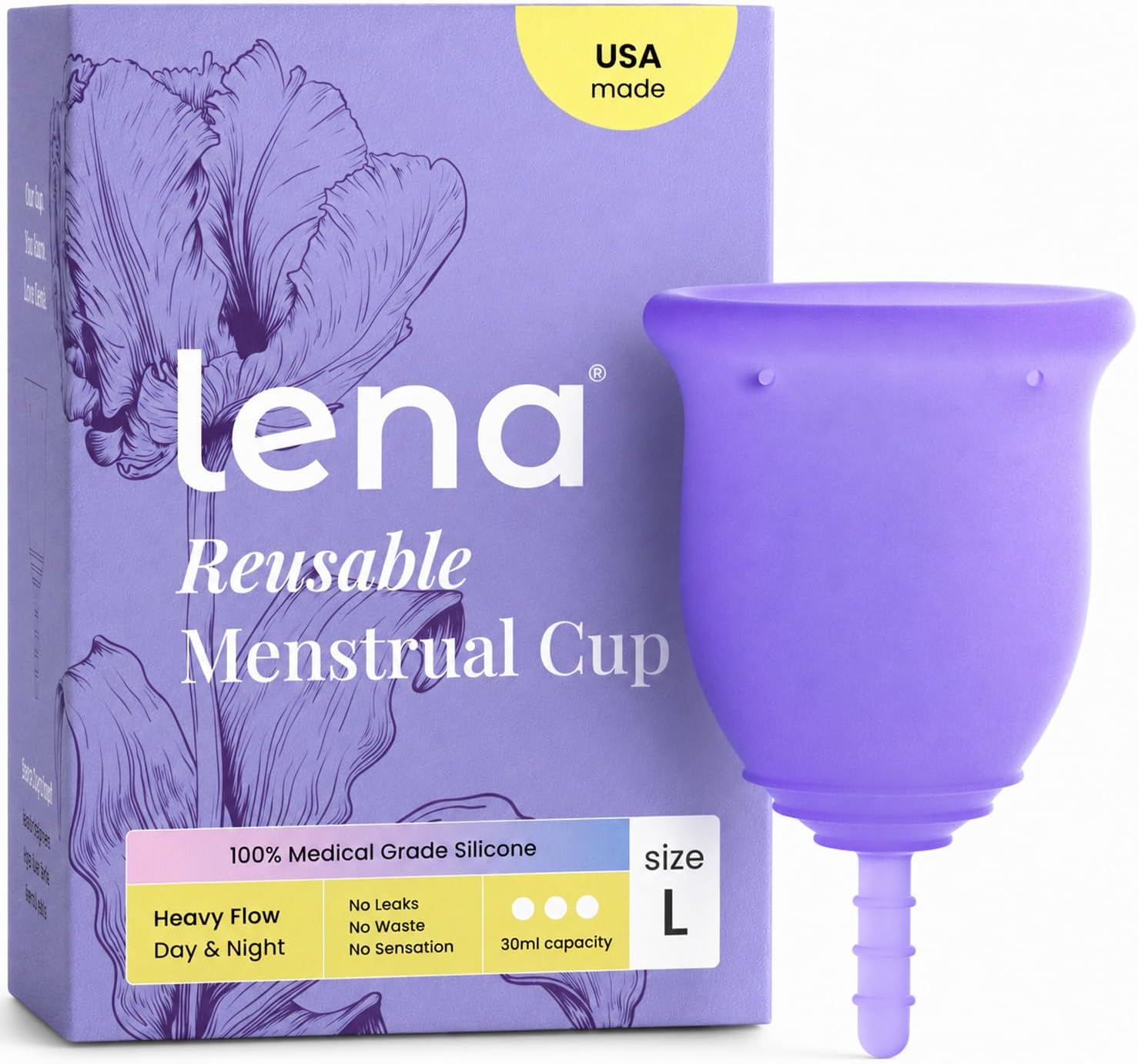 Lena Menstrual Cup - Soft Reusable Period Cups for Women - Large, Purple | Medical-Grade Silicone, Heavy Flow, 12-Hour Comfort, Leak-Free Protection, Beginner-Friendly Feminine Care, Original