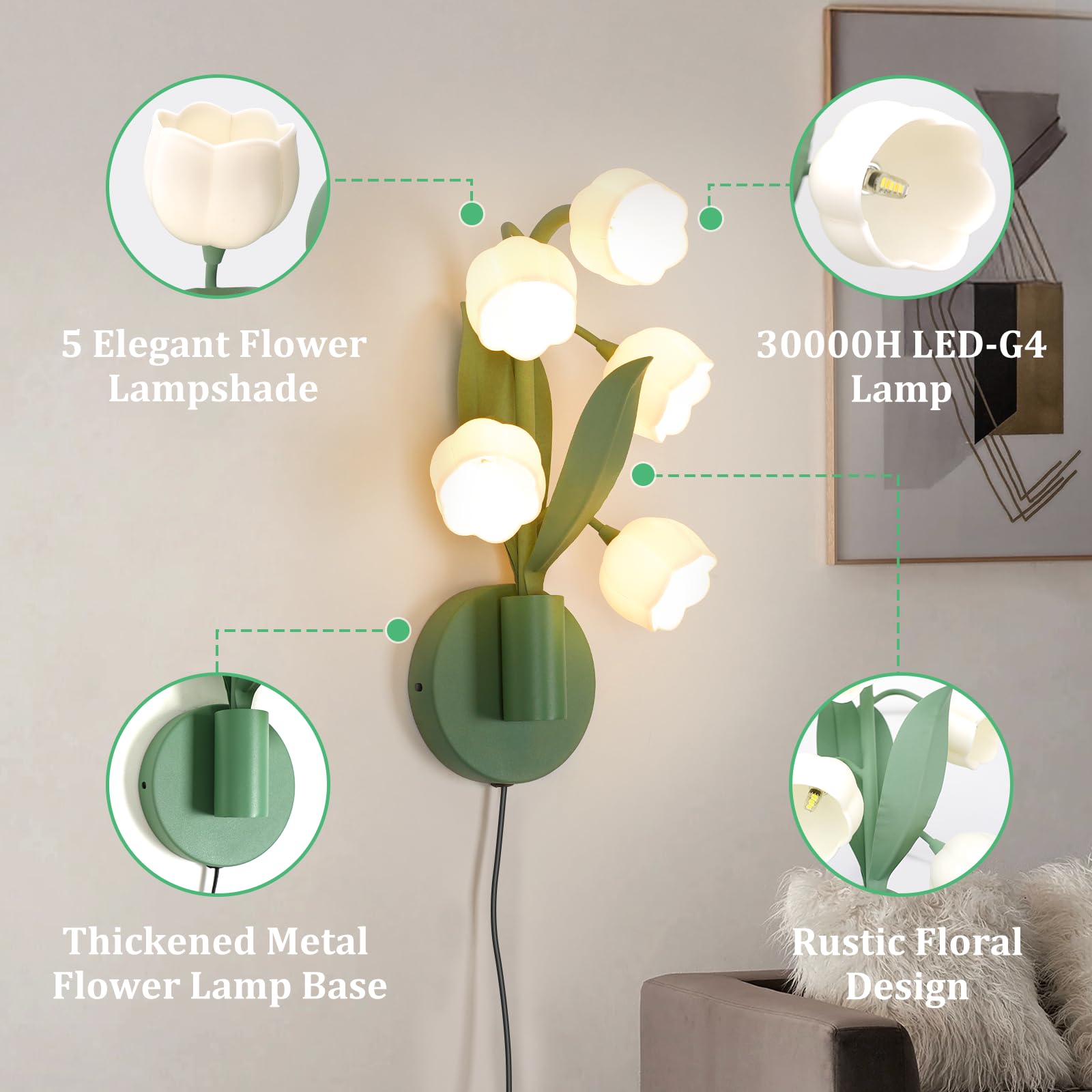 WERFOP Vintage Flower Wall Sconce, Lily of The Valley Plug in Wall