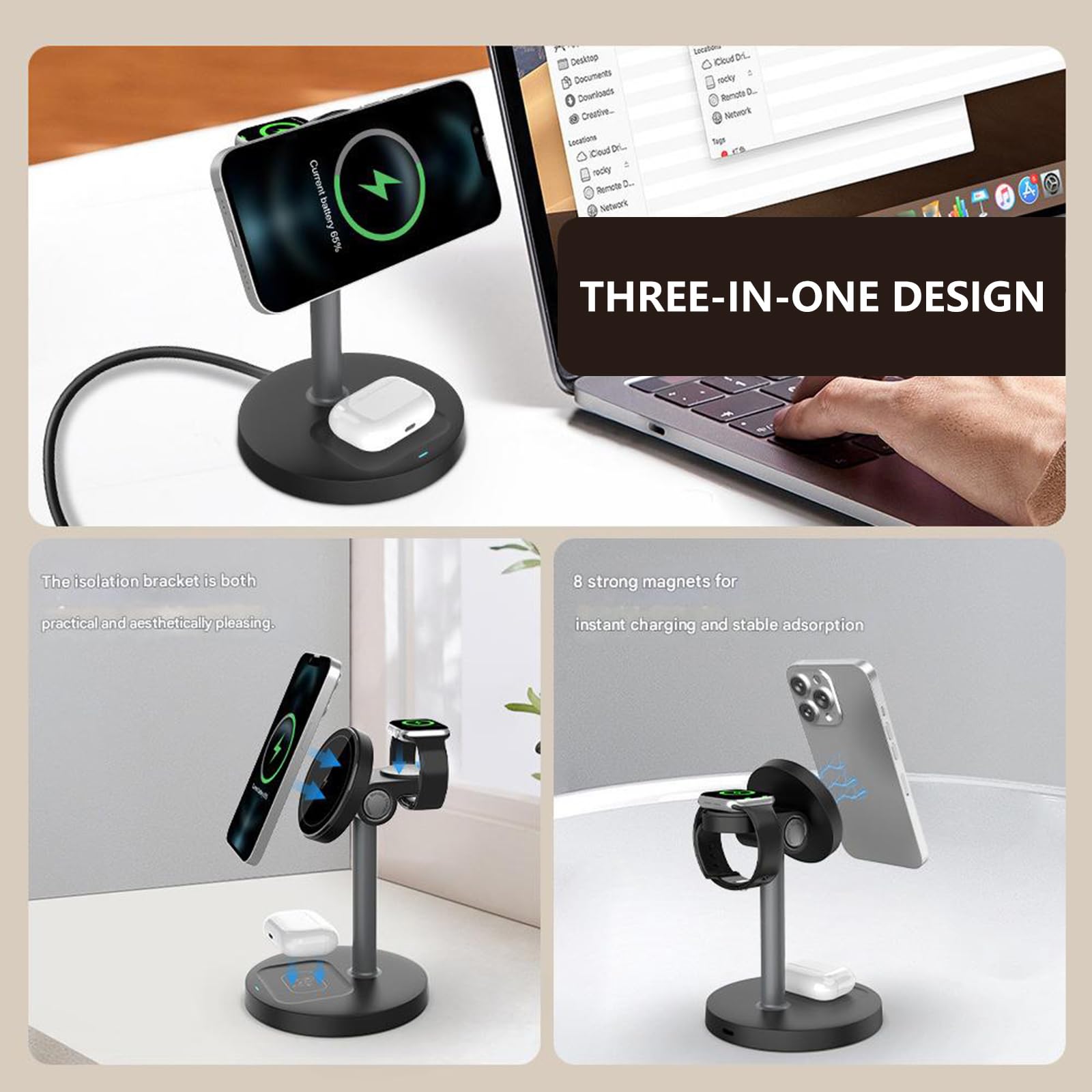 Stazione ricarica 3 in 1 Supporto magnetico da, White | Ricarica rapida per più dispositivi, dock ricarica magnetico, rilevamento oggetti estranei, smartwatch,