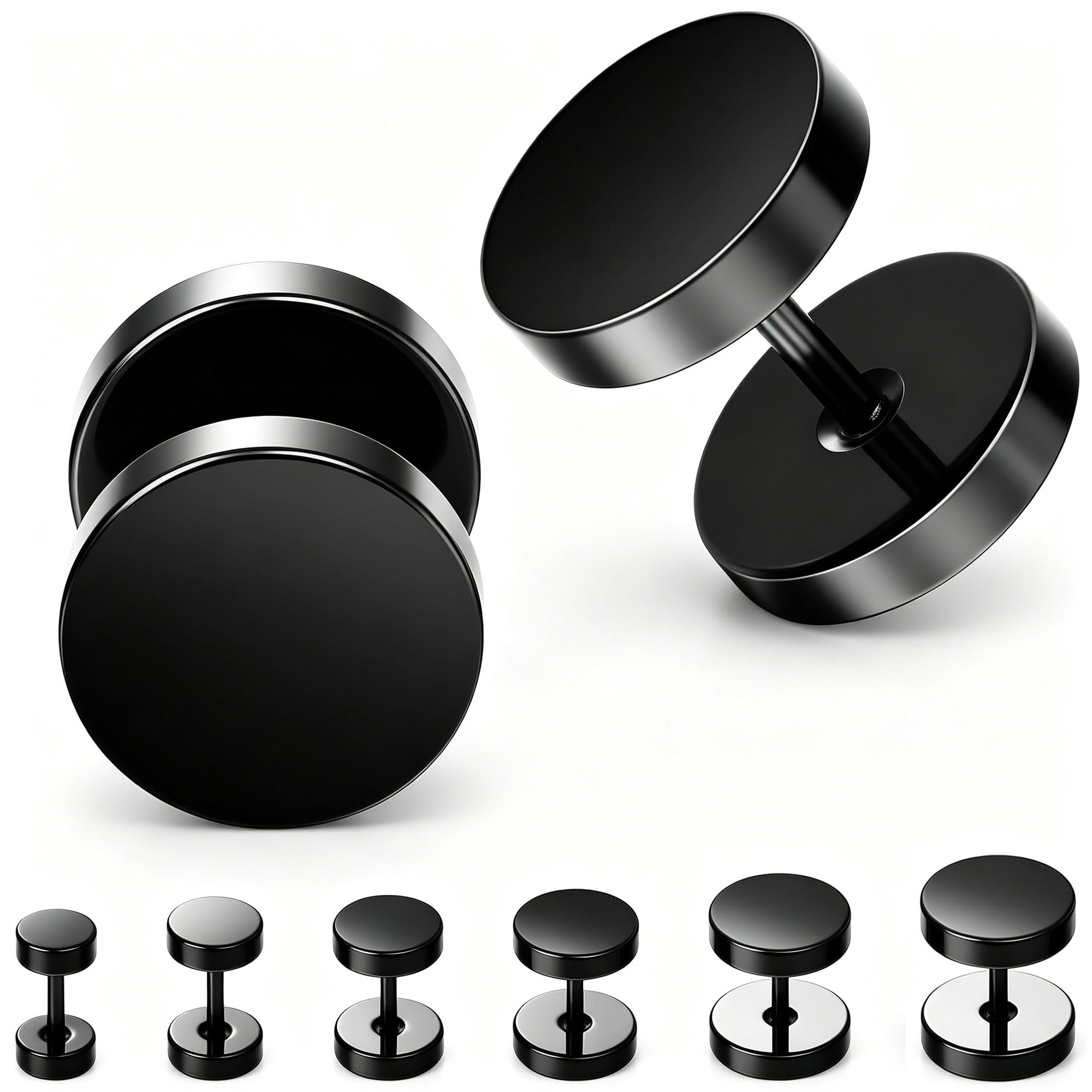 Hypoallergenic Black Stud Earrings for Men Women: 6 Pairs Flat Back Stainless Steel Cartilage Piercing Ear Tunnel 5mm-10mm