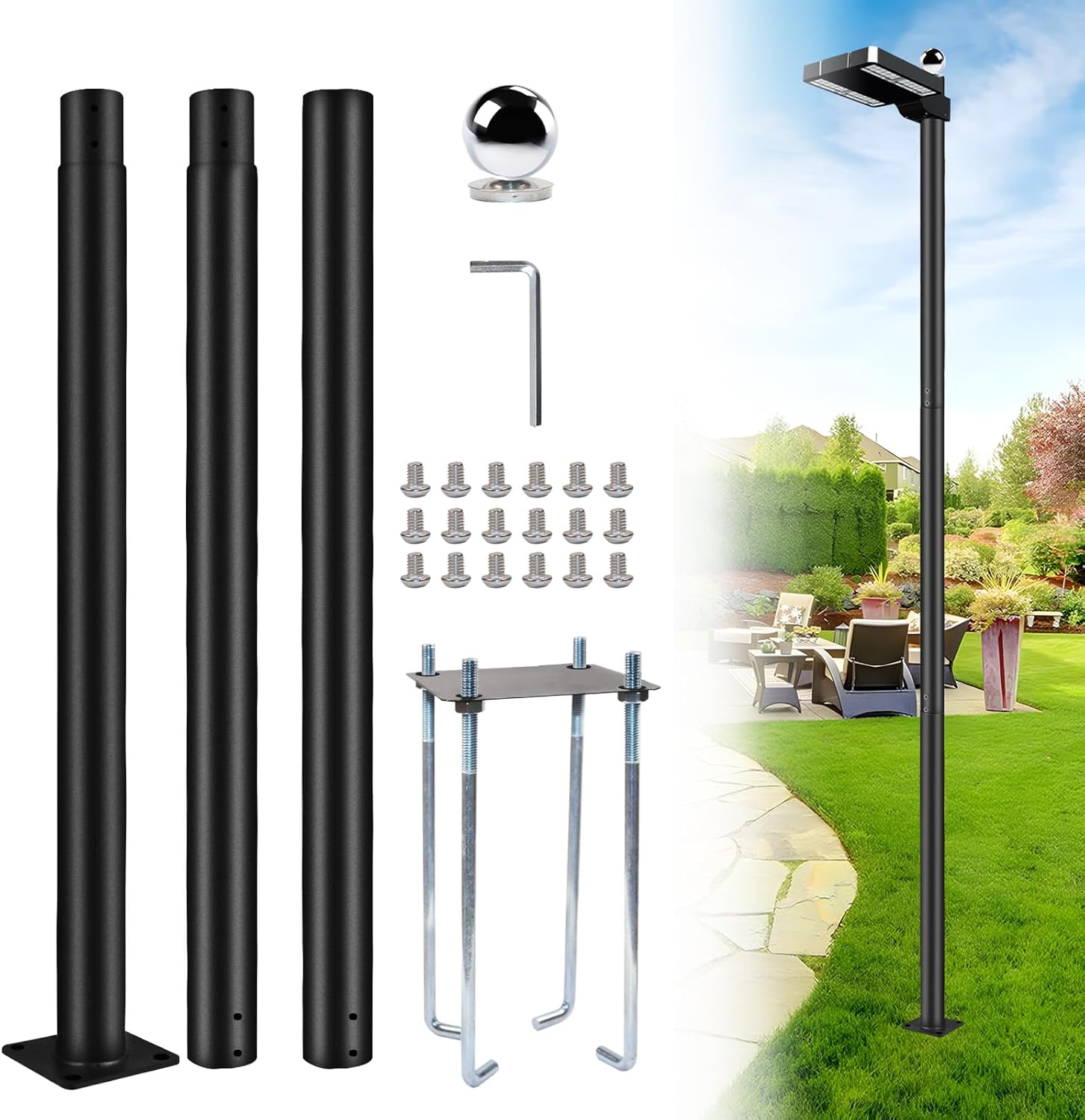Modern Outdoor Solar Street Light - 10Ft Tall Lamp Post with Base, Waterproof for Backyard, Street, Patio, Park, Parking, Walkway (120") Street Light Pole 10Ft Tall