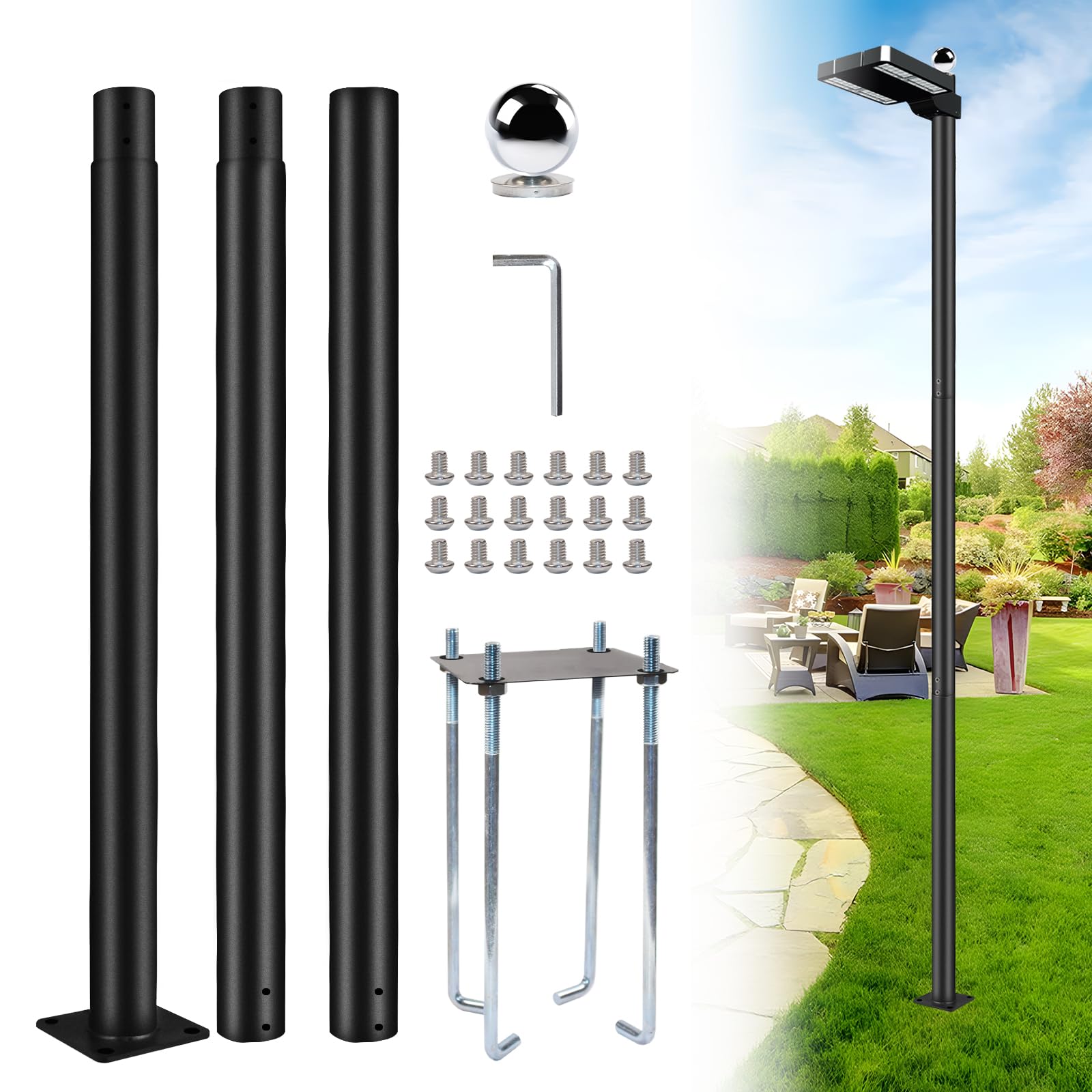 Modern Outdoor Solar Street Light - 10Ft Tall Lamp Post with Base, Waterproof for Backyard, Street, Patio, Park, Parking, Walkway (120")