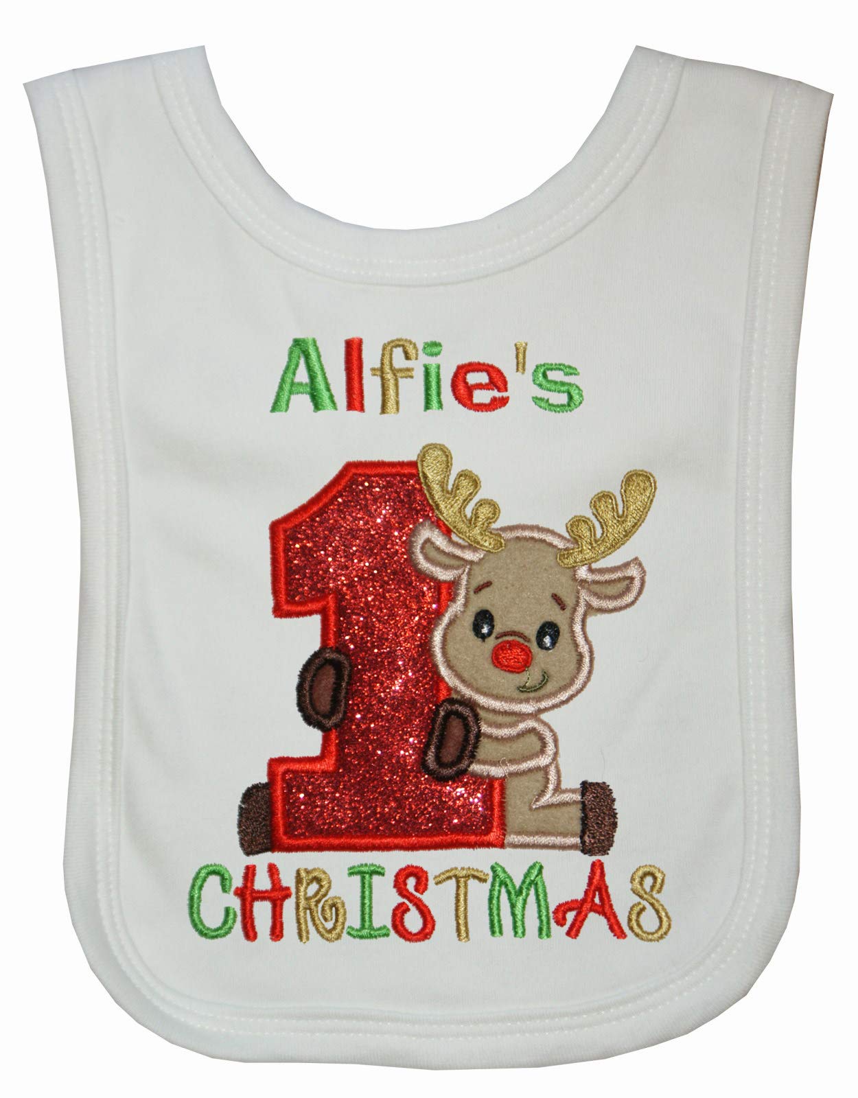 Baby’S 1ST Christmas Reindeer Personalised BIB – Embroidered with The Name of Your Choice (White Bib)