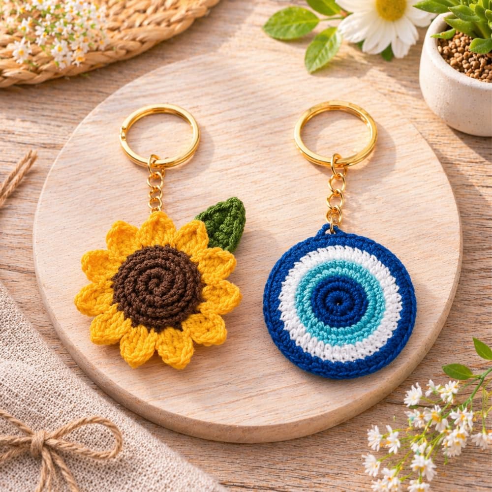 Handmade Crochet Keychain Combo | Sunflower & Evil Eye Key Ring Set | Cute Aesthetic Bag Charm for Women & Girls | Boho Keychain for Purse, Car, Gift Item-image-12