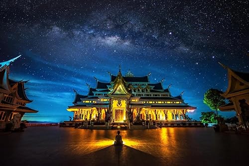 Laminated Bright Stars Space Dust Over Thai Temple Thailand Photo Photograph Poster Dry Erase Sign 24x16