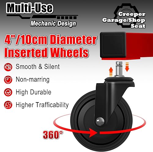 Miniatura 5 de Taburete mecánico con ruedas, Taburete hidráulico ajustable sobre ruedas, Silla rodante de trabajo de garaje para taller, Capacidad de 400 libras,