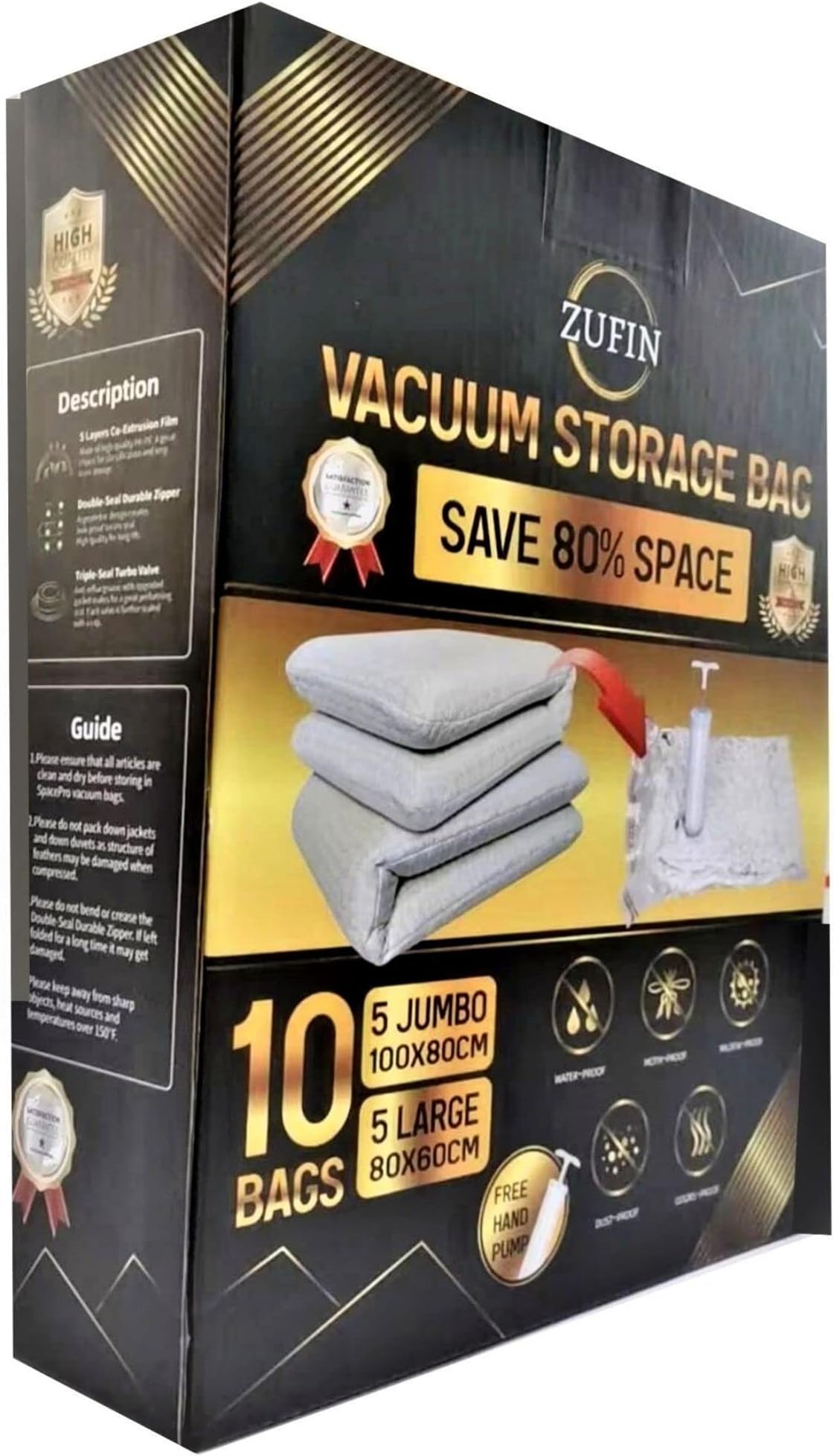 Zufin Vacuum Storage Bags for Clothes and Travelling – Pack of 10 – 5 pcs Jumbo (80x 100 cm) + 5 pcs Large (60x 80 cm) – Durable Storage Vacuum Bags |Reusable Sealer Bags with Free Hand Pump