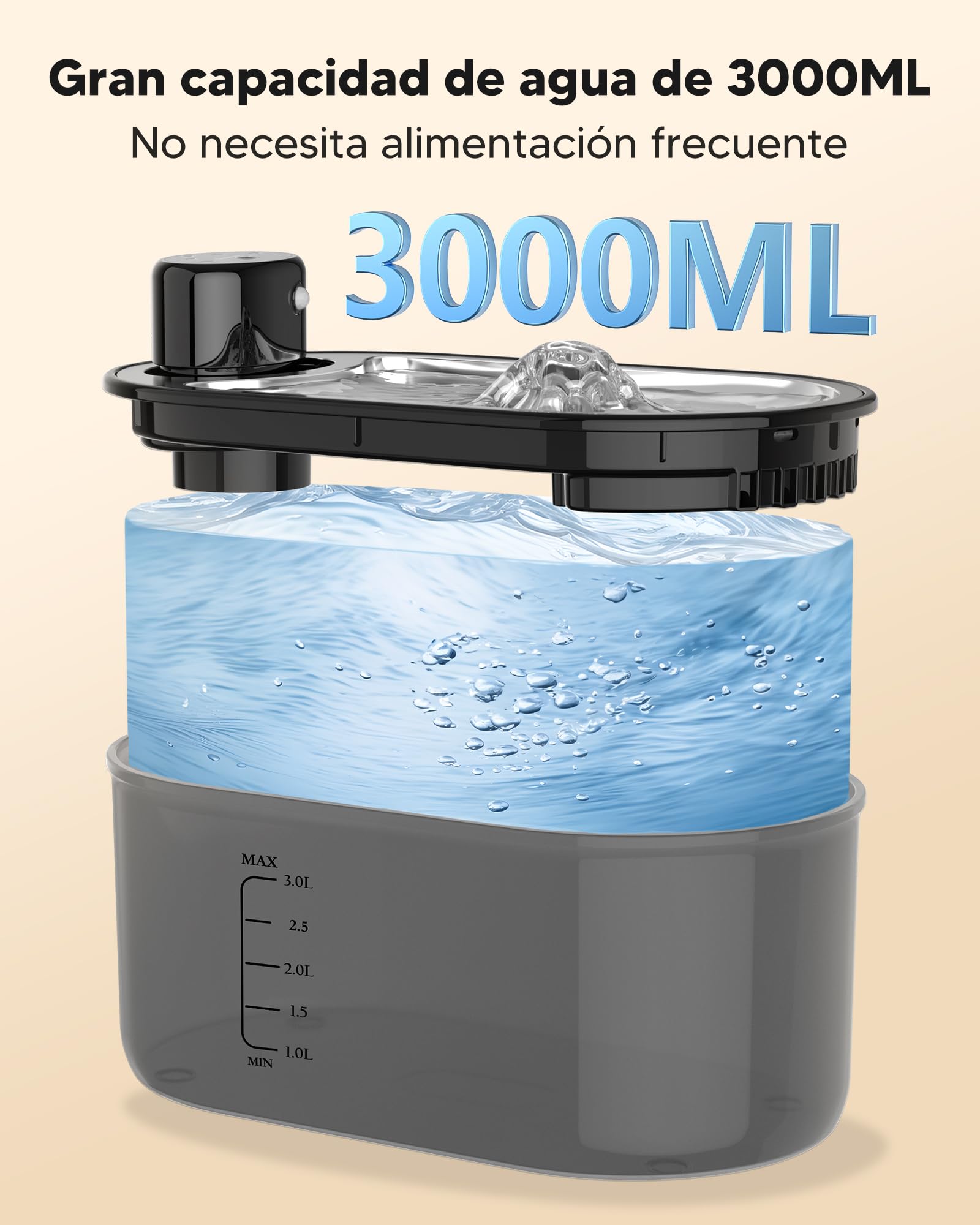 TOMXCUTE Fuente para Gatos 3L con Batería 5000mAh y Sensor | 3 modos: sensor, temporizador y continuo, con cuenco de acero inoxidable y salida automática de agua.